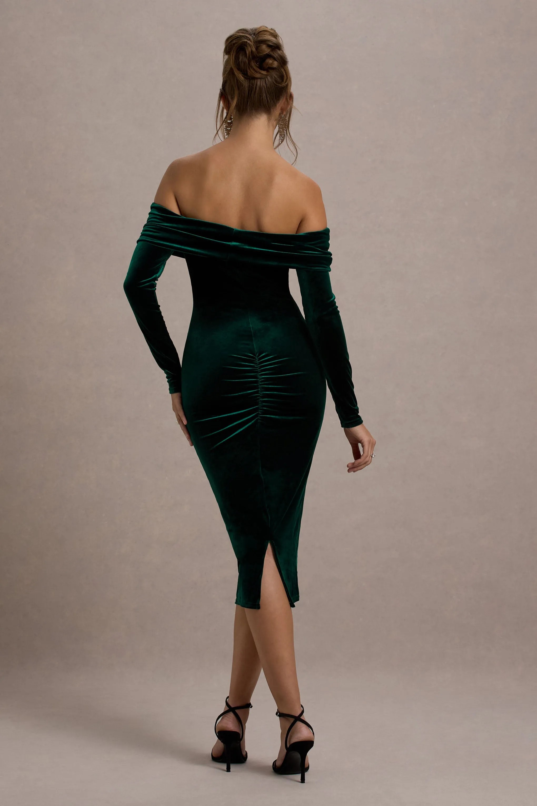 Compliment | Bottle Green Velvet Bardot Midi Dress Club L London