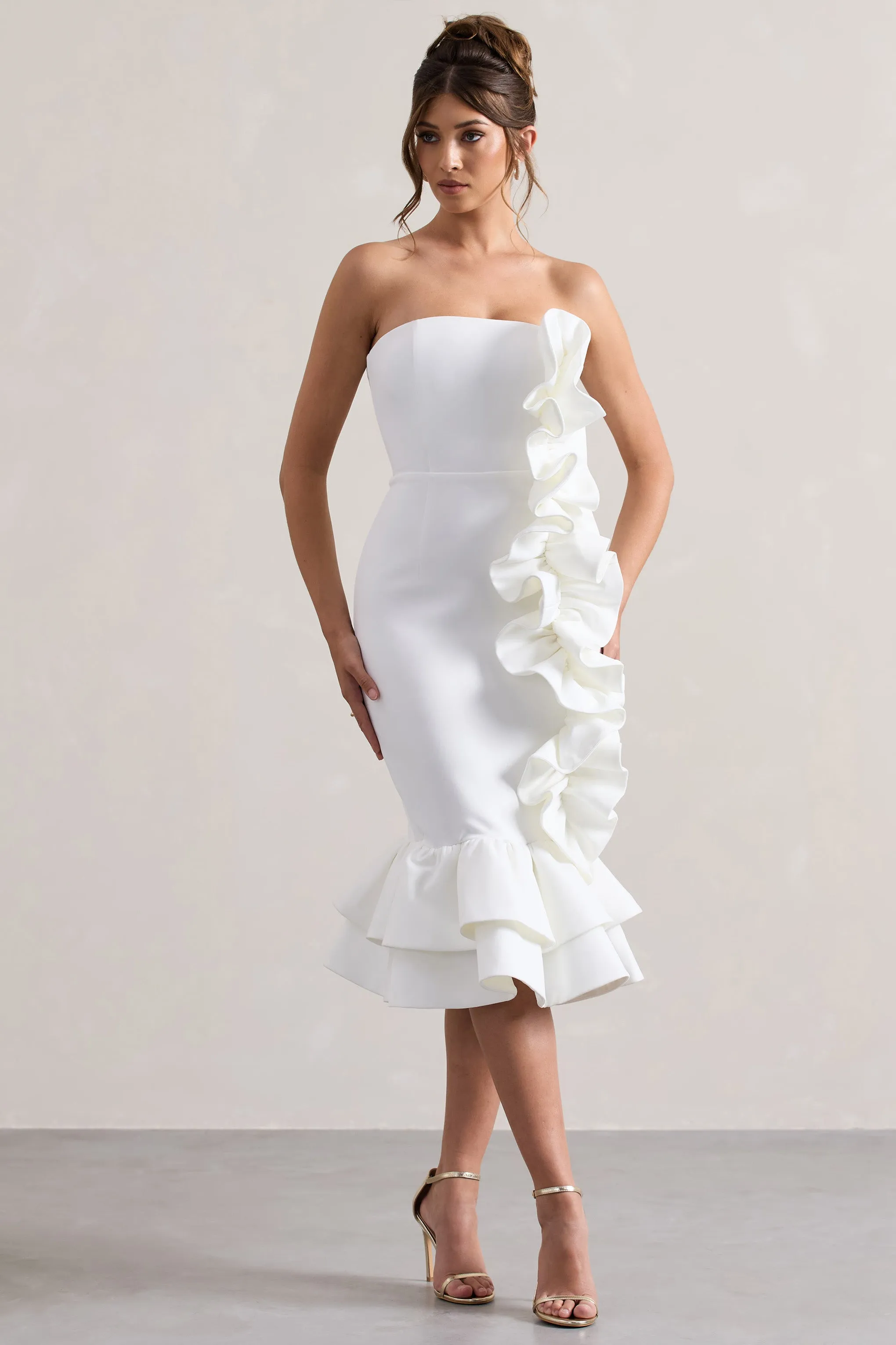 Concept | Cream Bandeau Ruffle Midi Dress Club L London