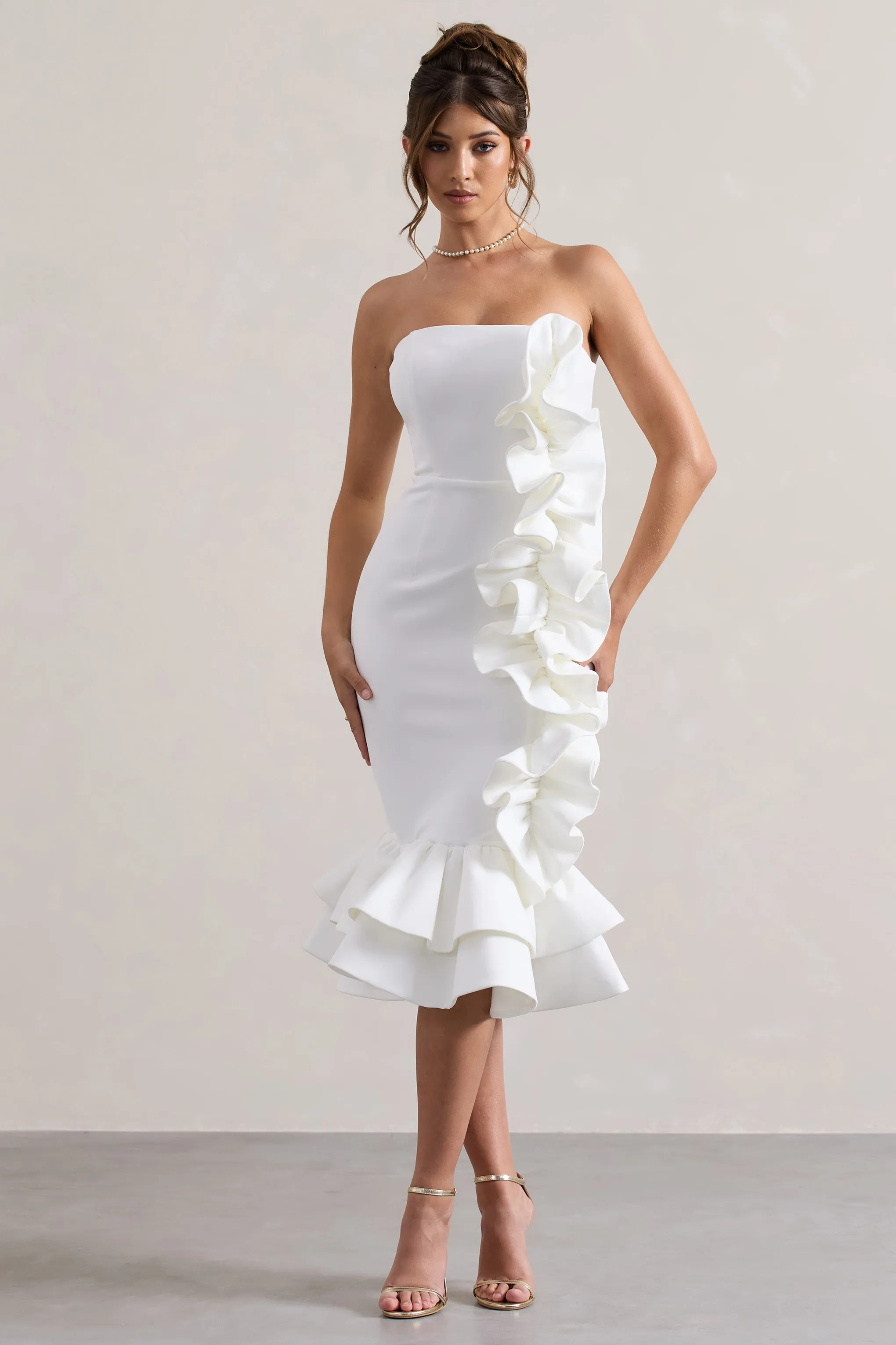 Concept | Cream Bandeau Ruffle Midi Dress Club L London
