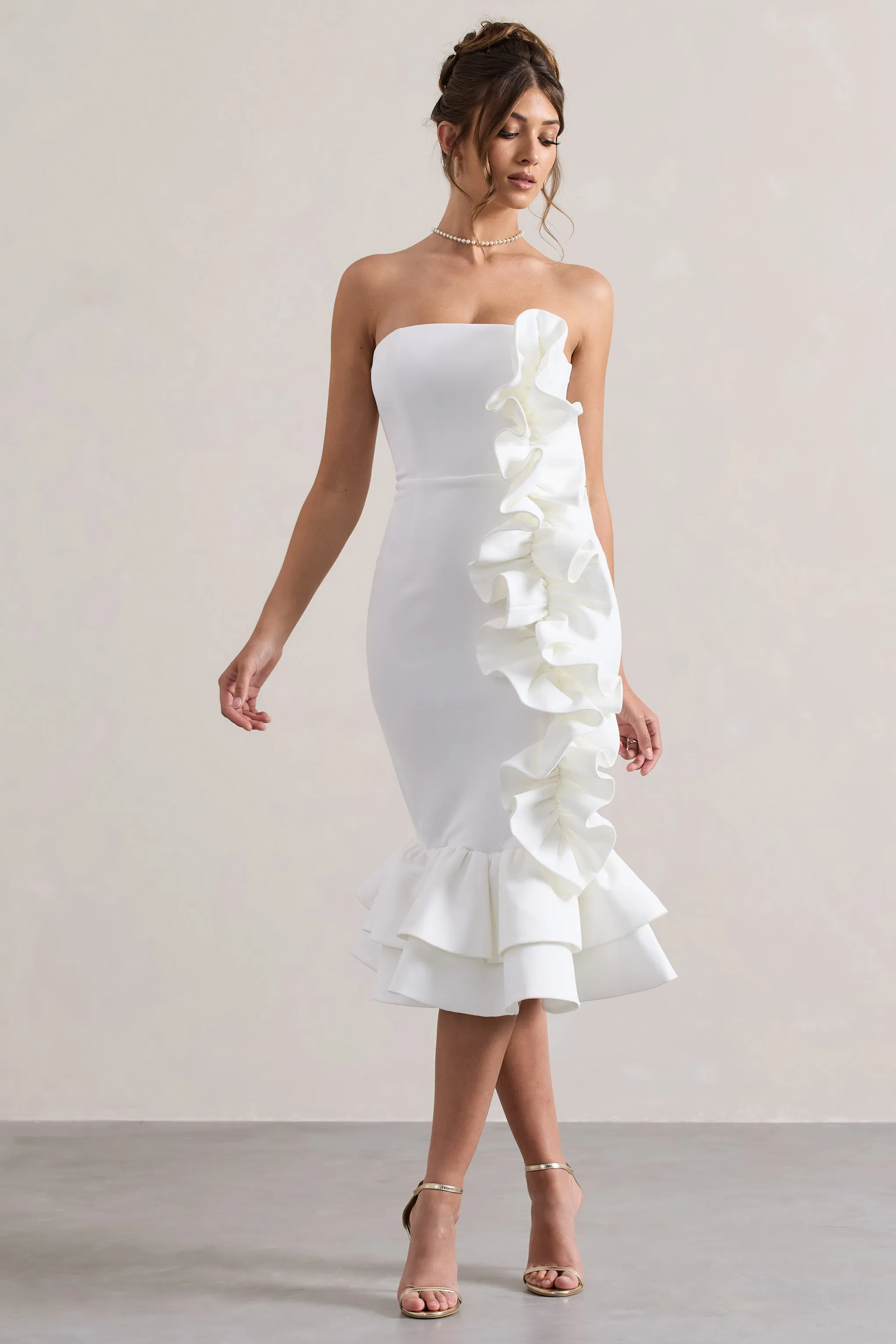 Concept | Cream Bandeau Ruffle Midi Dress Club L London