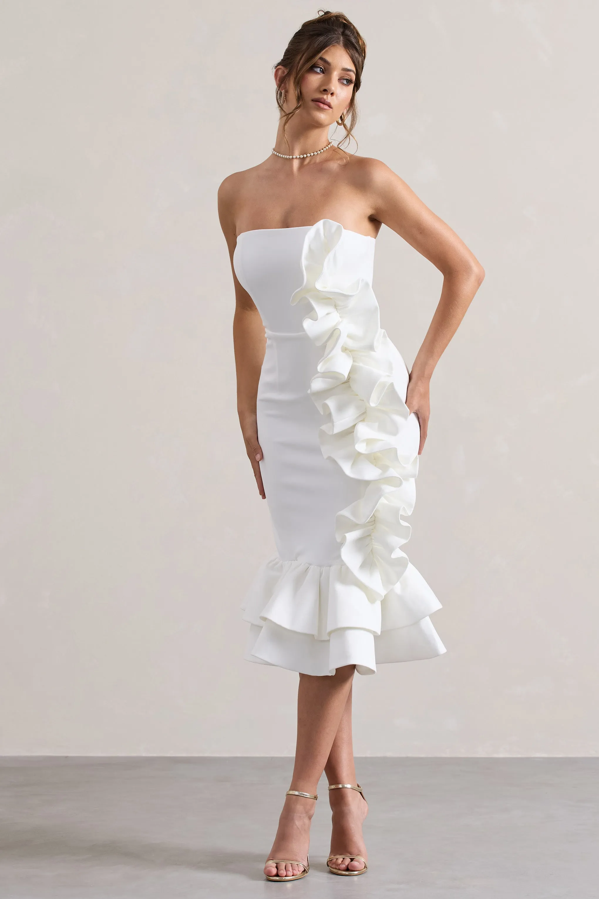 Concept | Cream Bandeau Ruffle Midi Dress Club L London