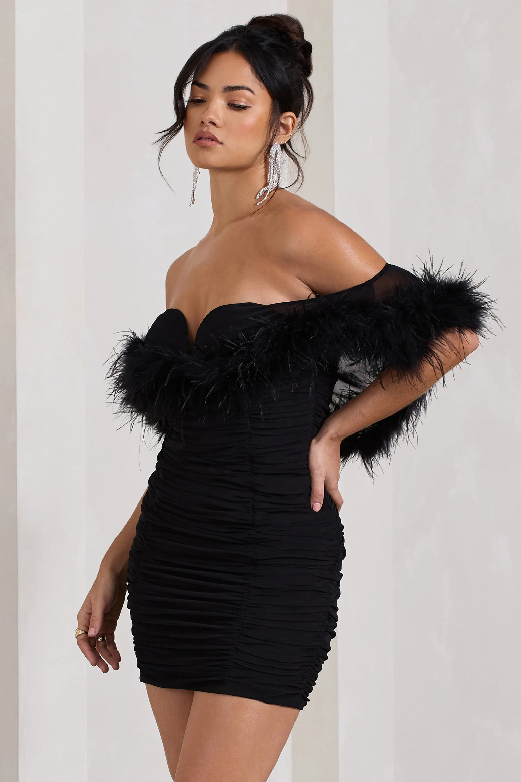 Confetti | Black Sweetheart Mini Dress With Chiffon Feather Sleeves Club L London
