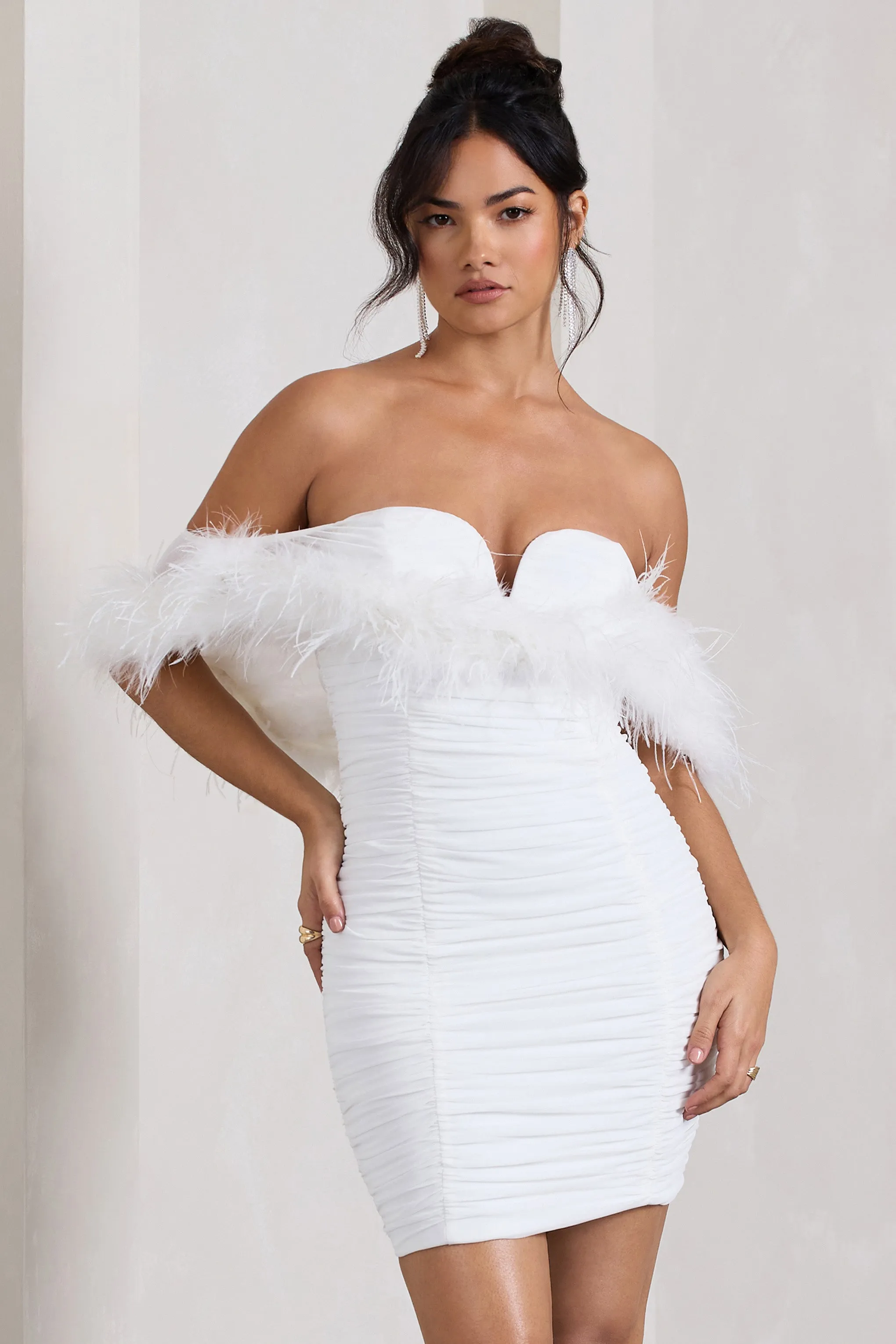 Confetti | White Sweetheart Mini Dress With Chiffon Feather Sleeves Club L London