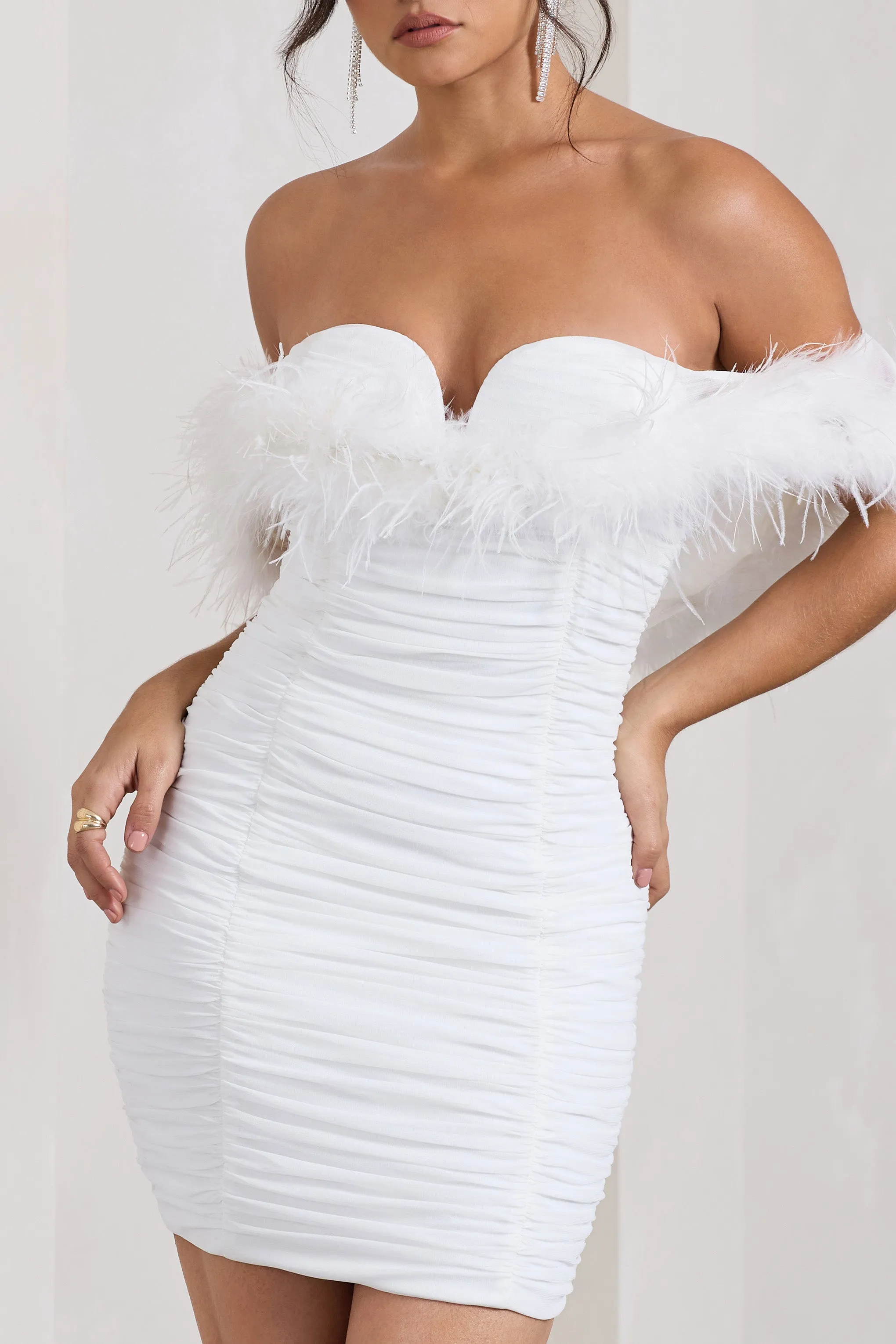 Confetti | White Sweetheart Mini Dress With Chiffon Feather Sleeves Club L London