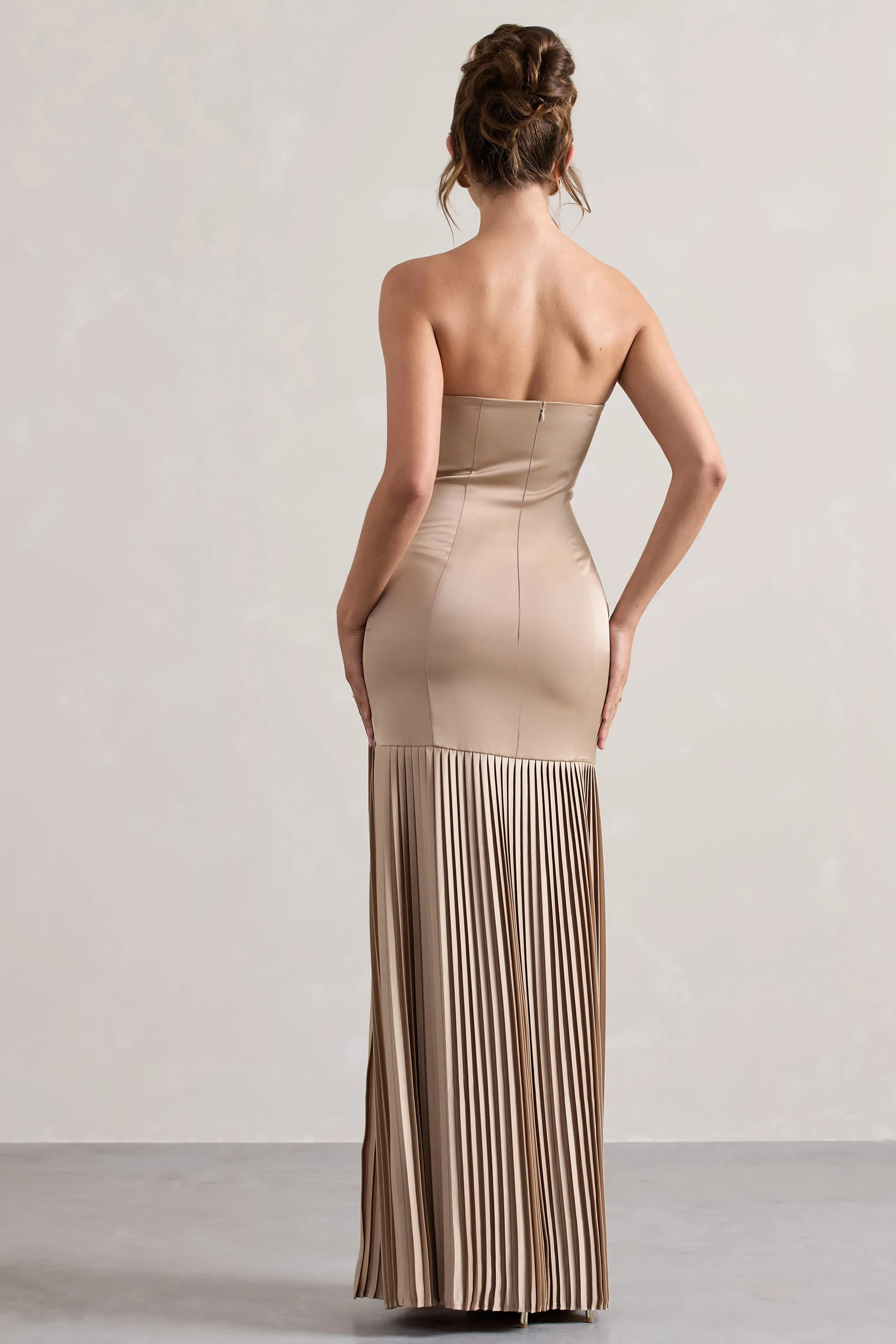 Confidence | Champagne Satin Bandeau Pleated Split Maxi Dress Club L London