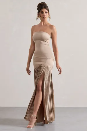 Confidence | Champagne Satin Bandeau Pleated Split Maxi Dress Club L London