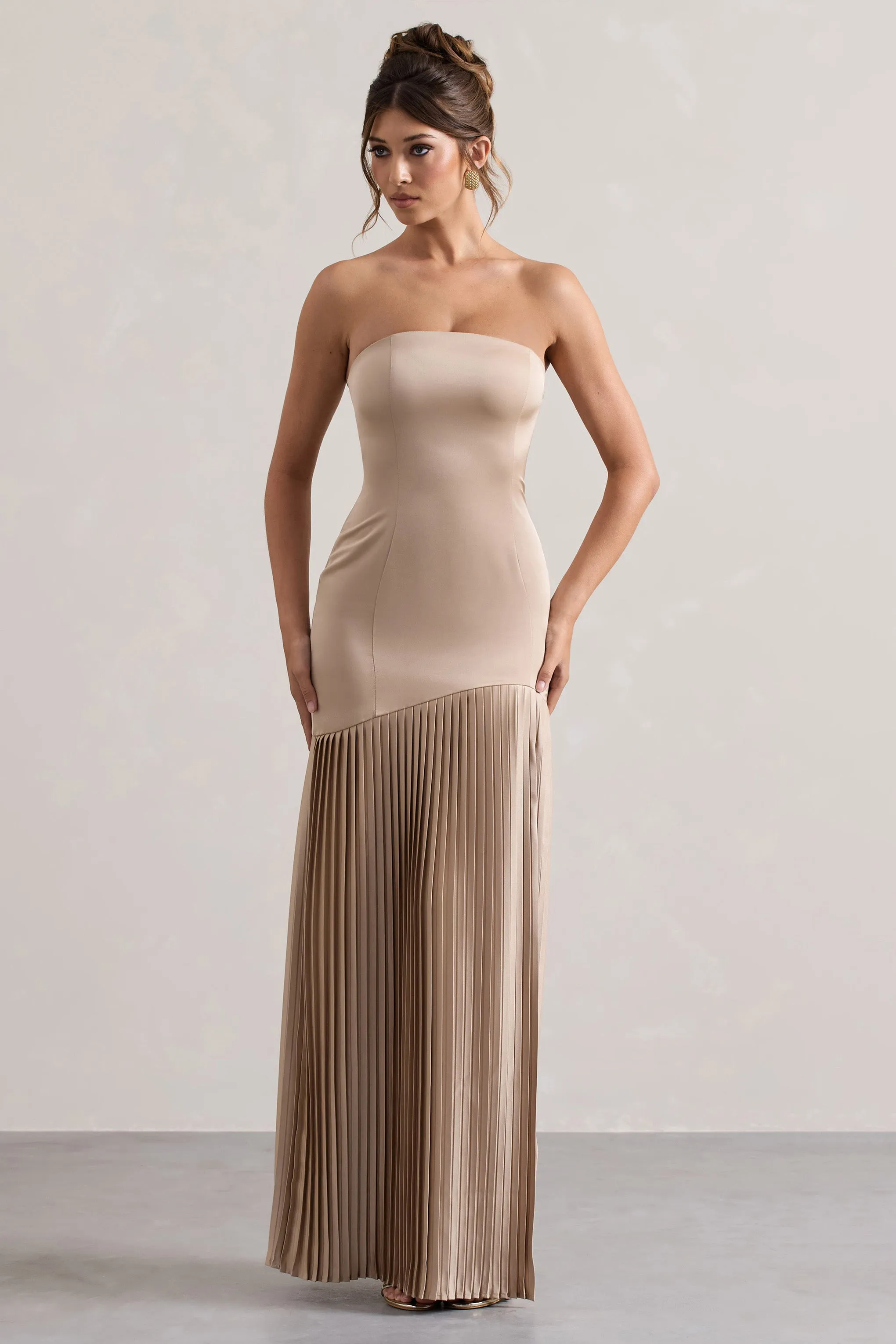 Confidence | Champagne Satin Bandeau Pleated Split Maxi Dress Club L London