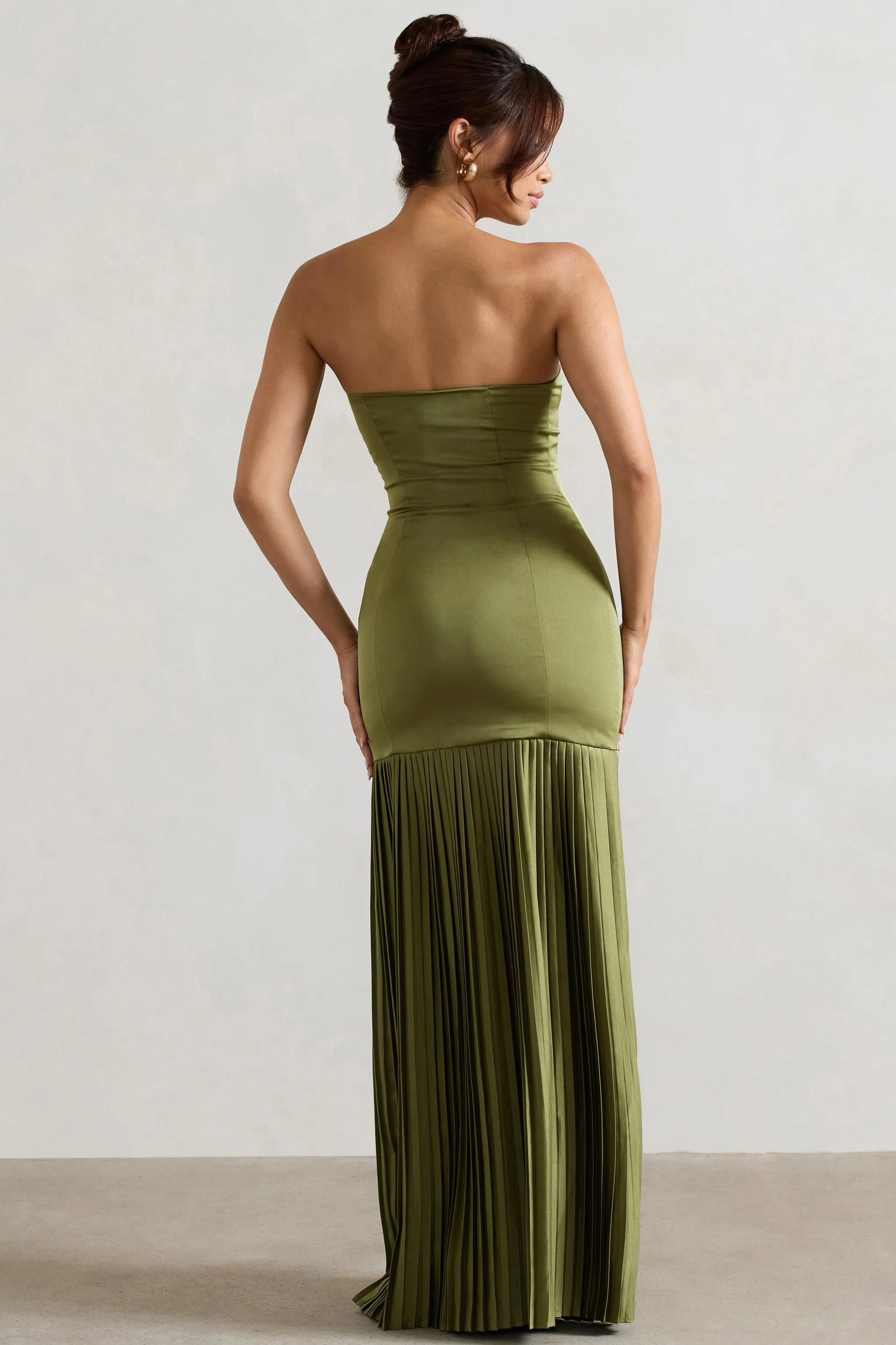 Confidence | Olive Satin Bandeau Pleated Split Maxi Dress Club L London