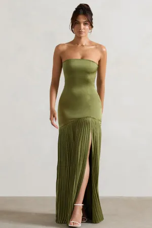 Confidence | Olive Satin Bandeau Pleated Split Maxi Dress Club L London