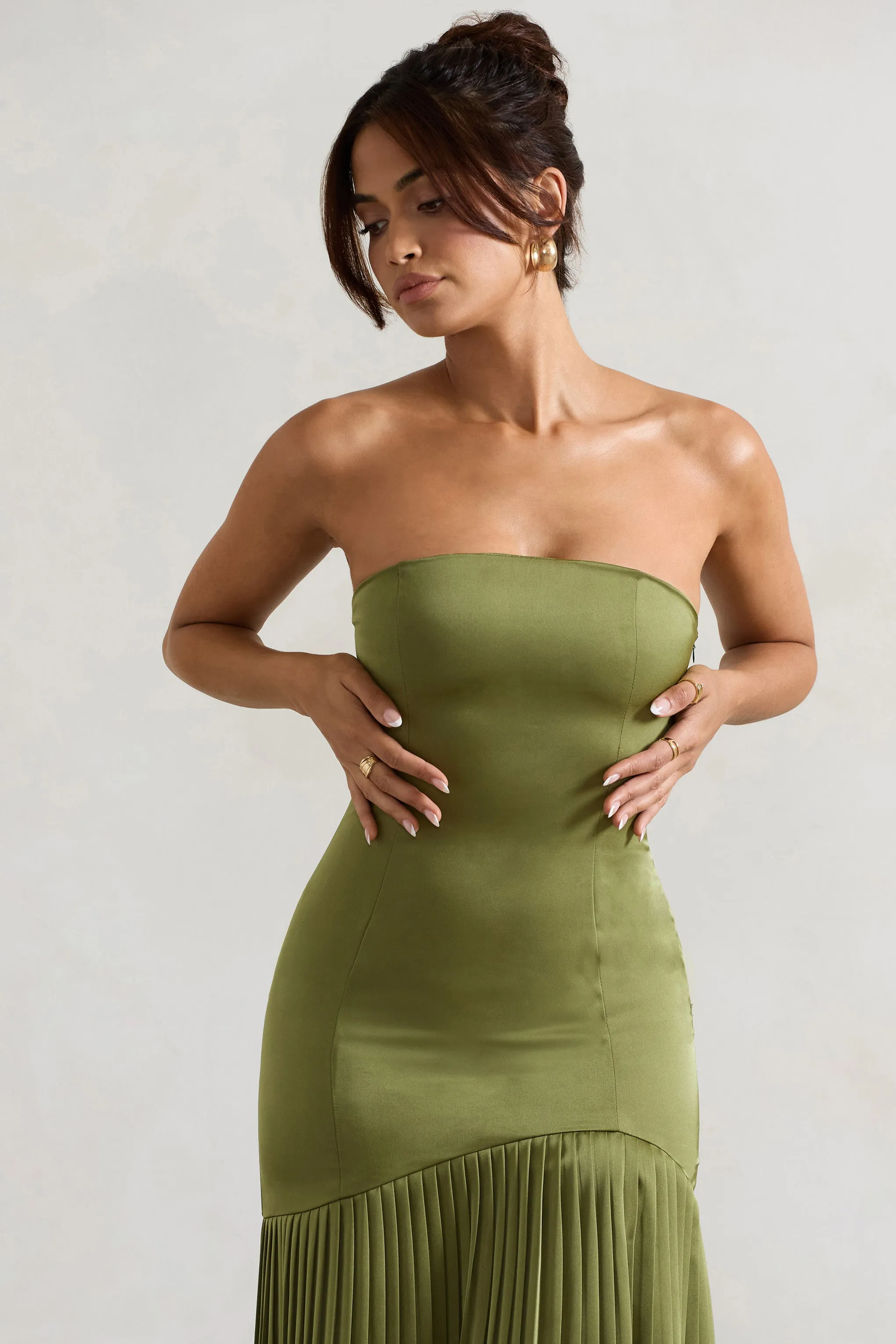 Confidence | Olive Satin Bandeau Pleated Split Maxi Dress Club L London