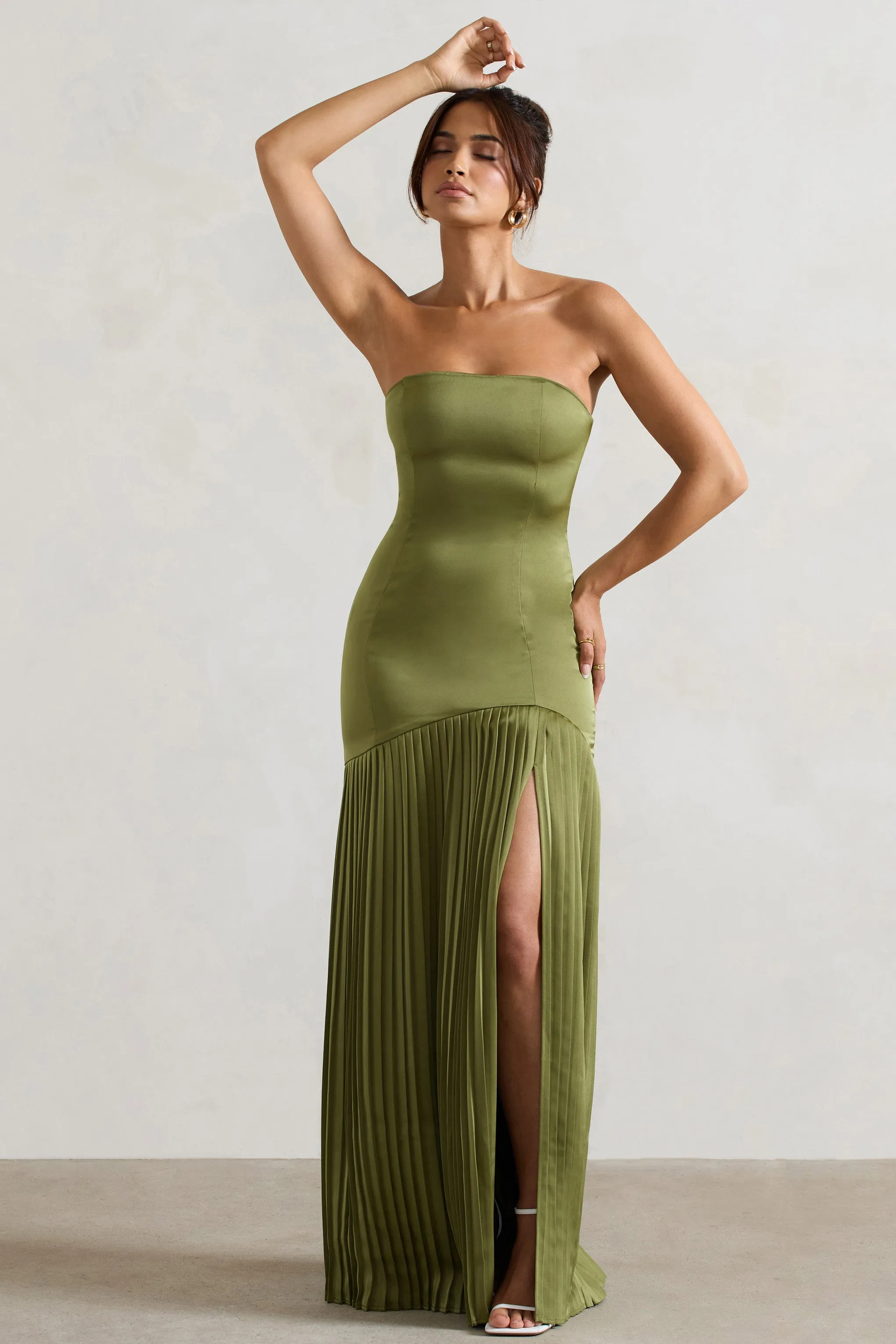 Confidence | Olive Satin Bandeau Pleated Split Maxi Dress Club L London