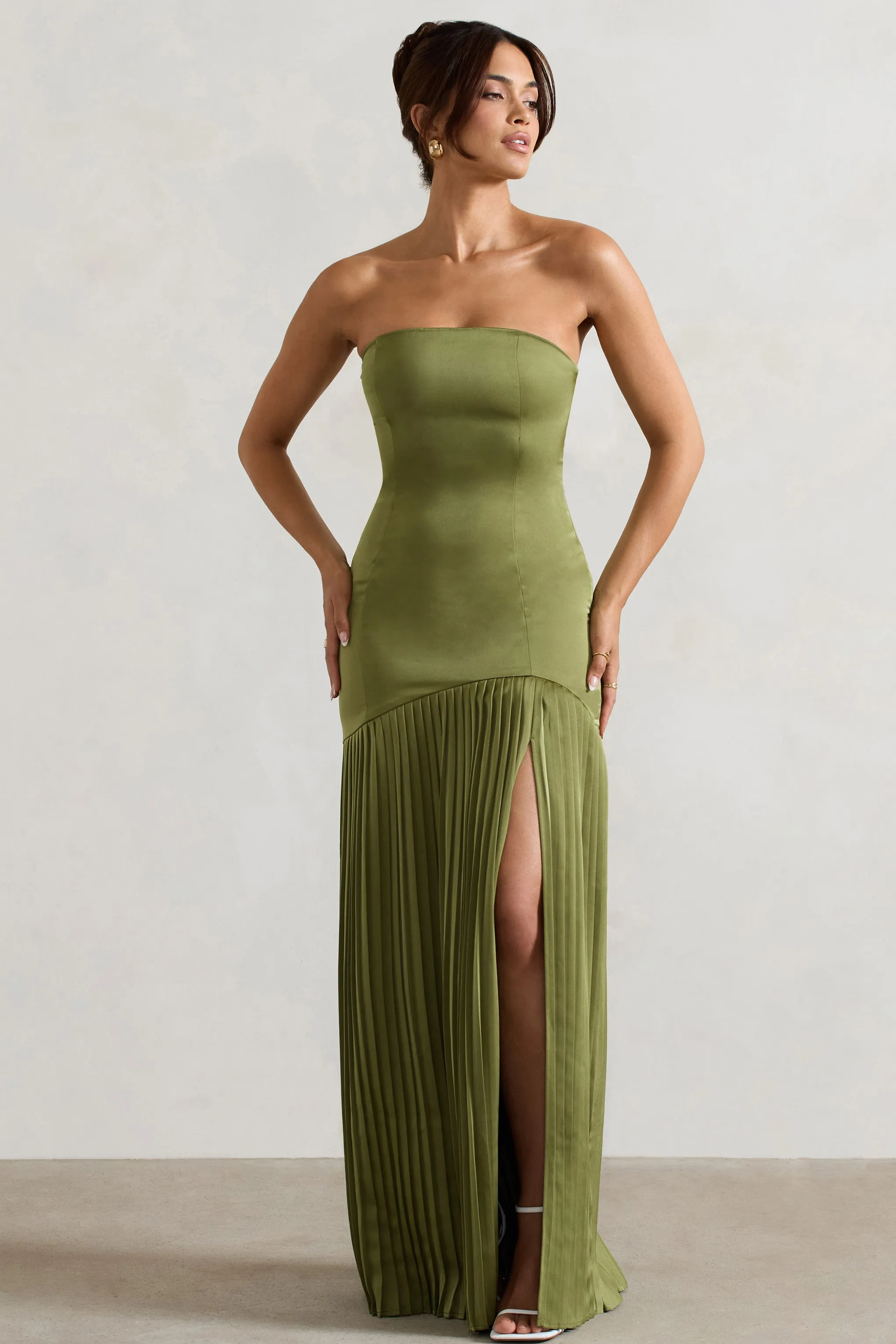Confidence | Olive Satin Bandeau Pleated Split Maxi Dress Club L London