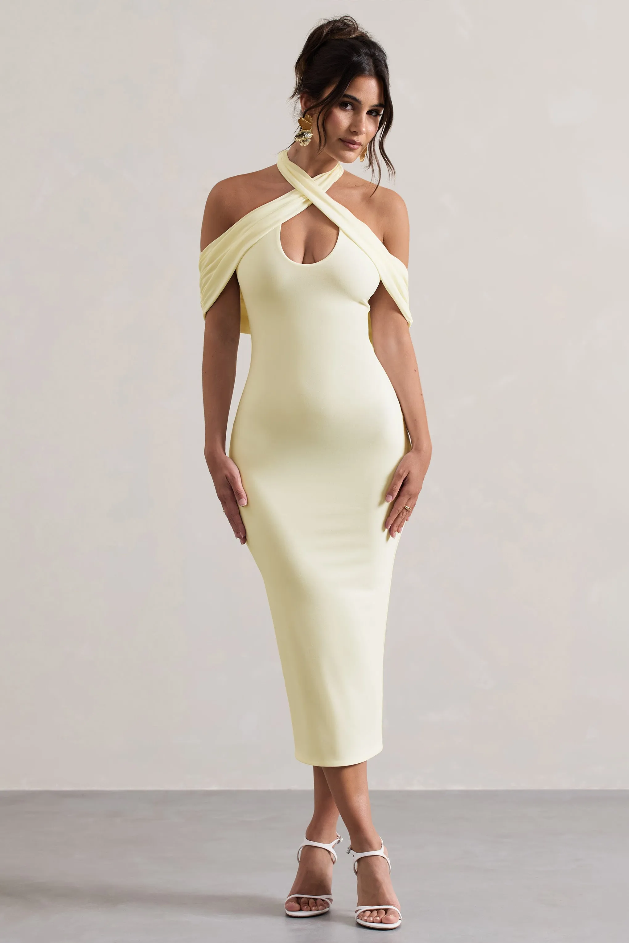 Connect | Cream Bodycon Halter-Neck Midi Dress With Cut-Out Club L London
