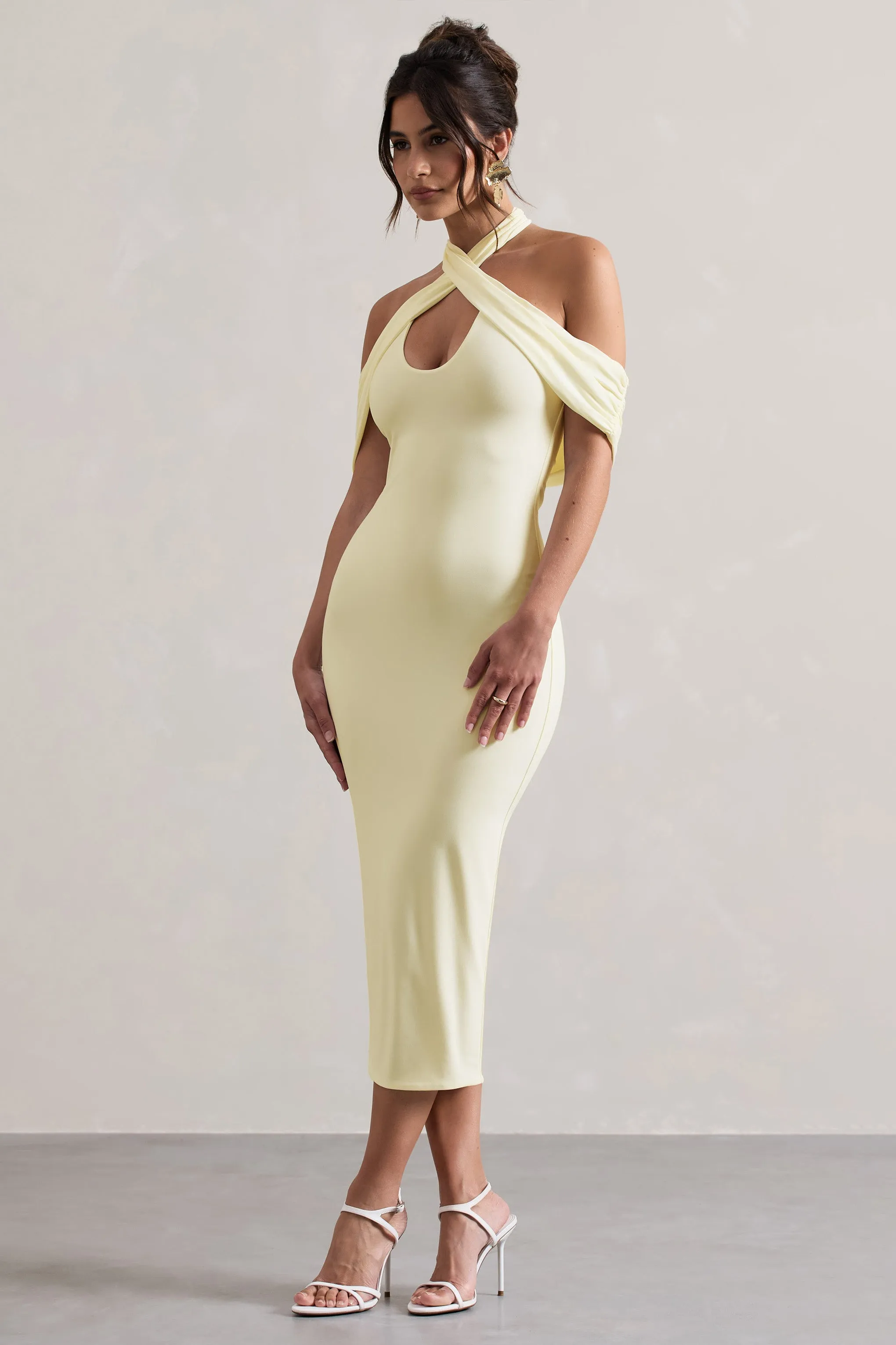 Connect | Cream Bodycon Halter-Neck Midi Dress With Cut-Out Club L London