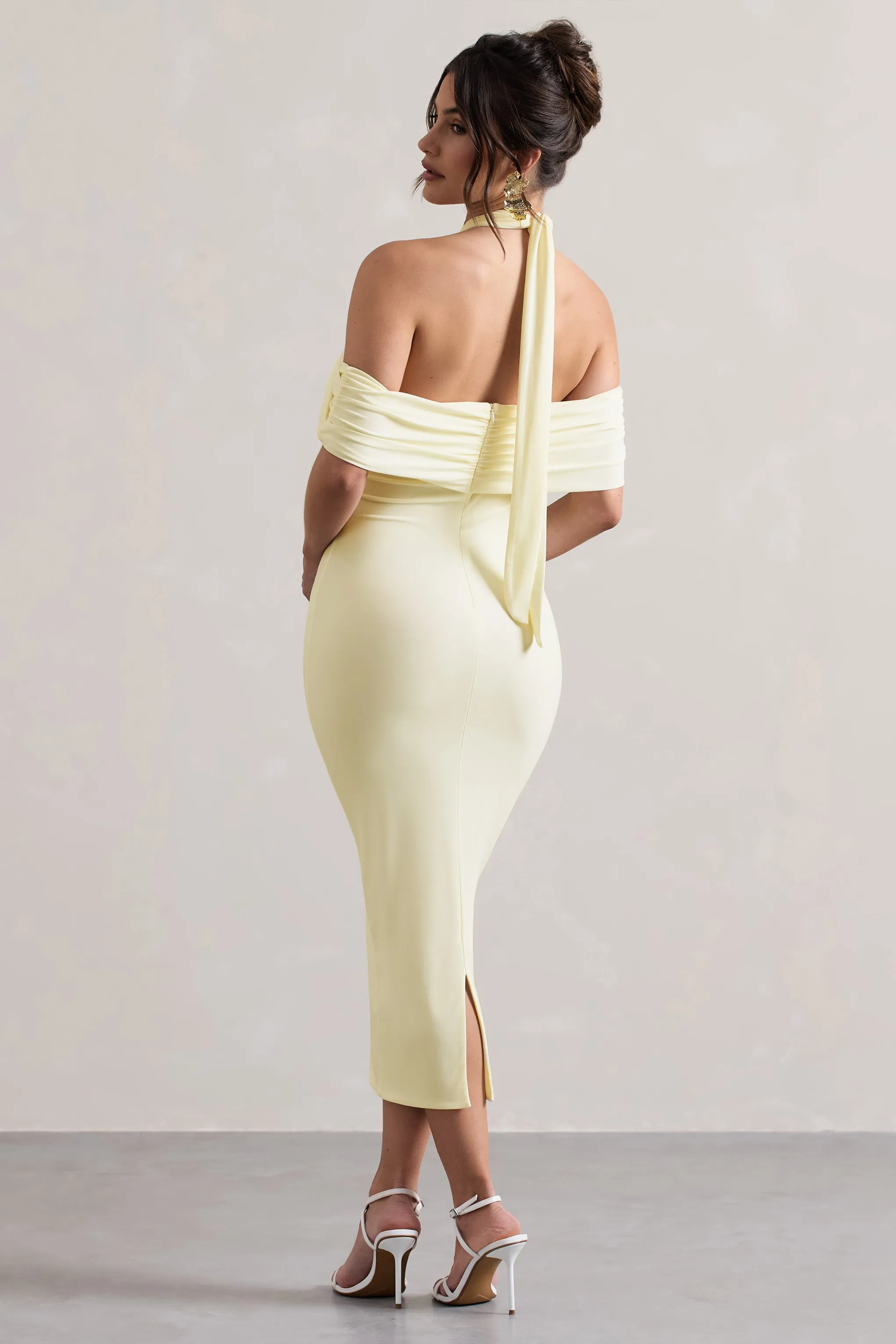 Connect | Cream Bodycon Halter-Neck Midi Dress With Cut-Out Club L London
