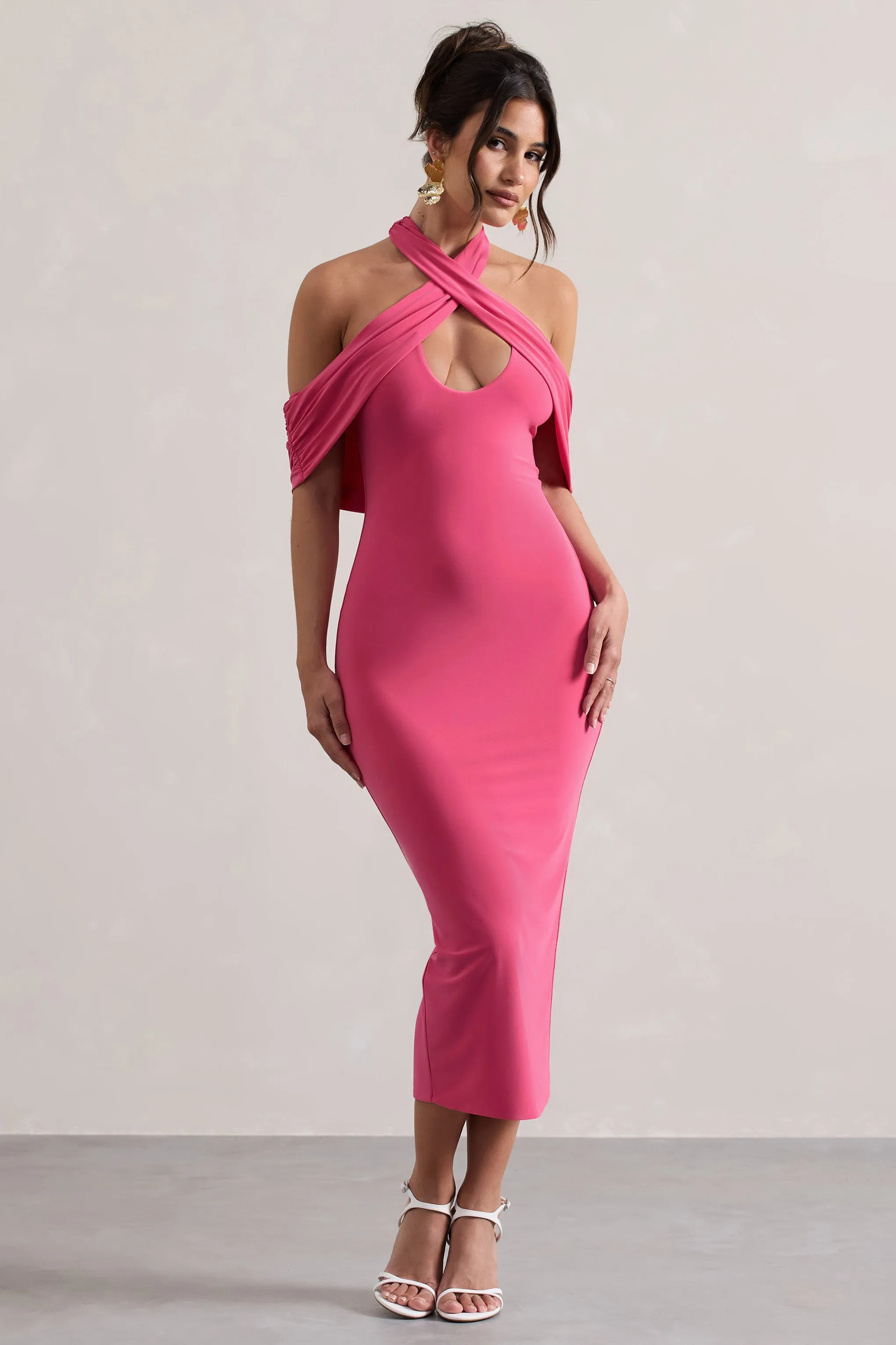 Connect | Pink Bodycon Halter-Neck Midi Dress With Cut-Out Club L London