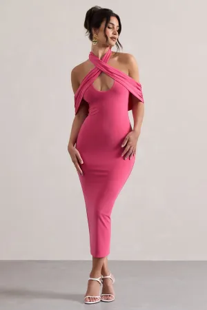 Connect | Pink Bodycon Halter-Neck Midi Dress With Cut-Out Club L London