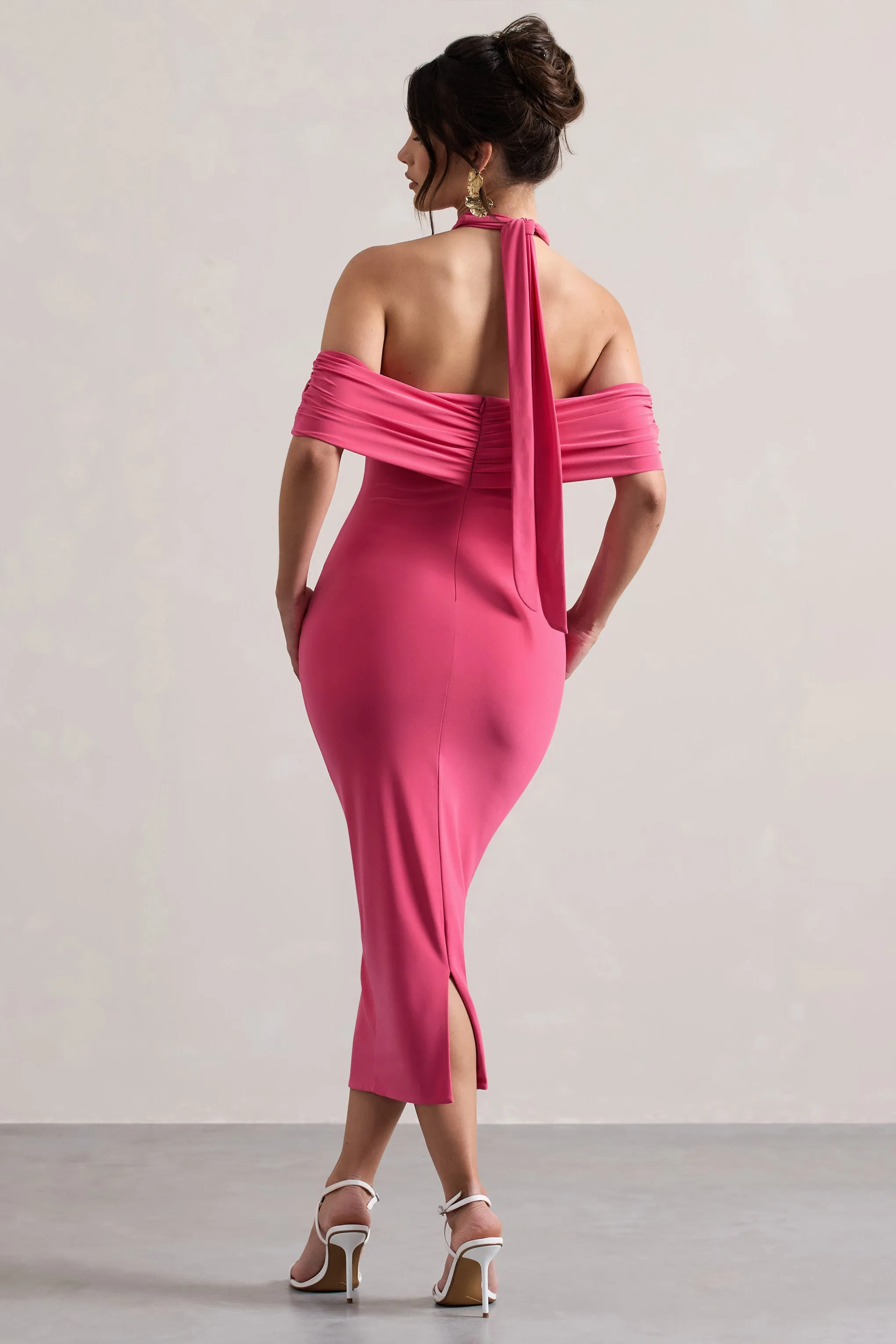 Connect | Pink Bodycon Halter-Neck Midi Dress With Cut-Out Club L London