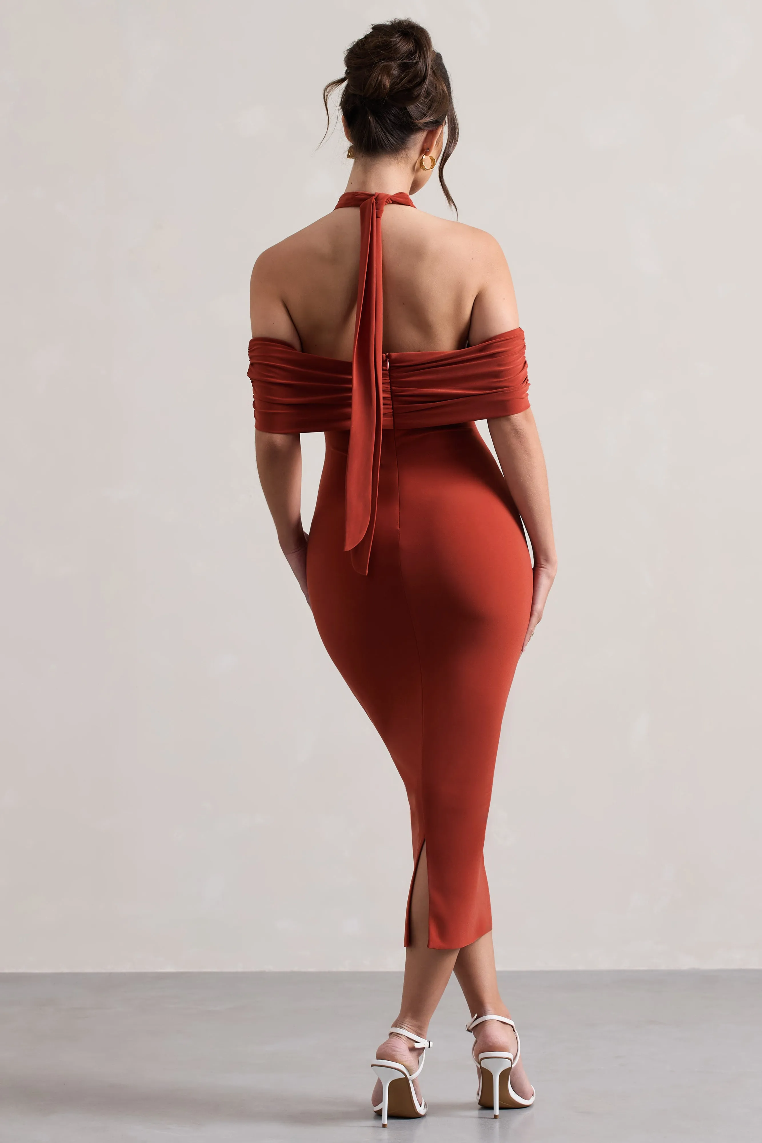 Connect | Terracotta Bodycon Halter-Neck Midi Dress With Cut-Out Club L London