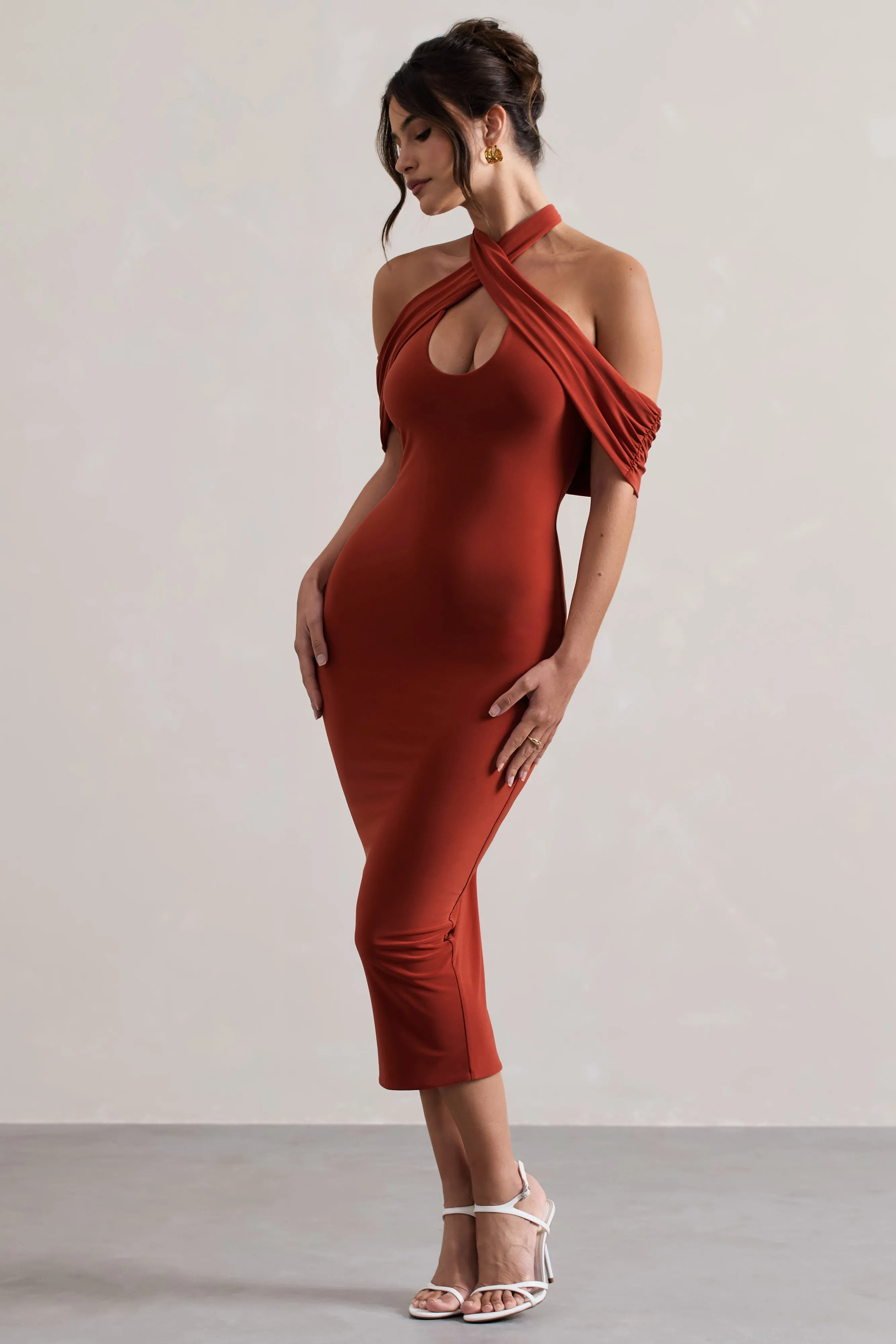 Connect | Terracotta Bodycon Halter-Neck Midi Dress With Cut-Out Club L London