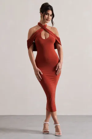 Connect | Terracotta Bodycon Halter-Neck Midi Dress With Cut-Out Club L London