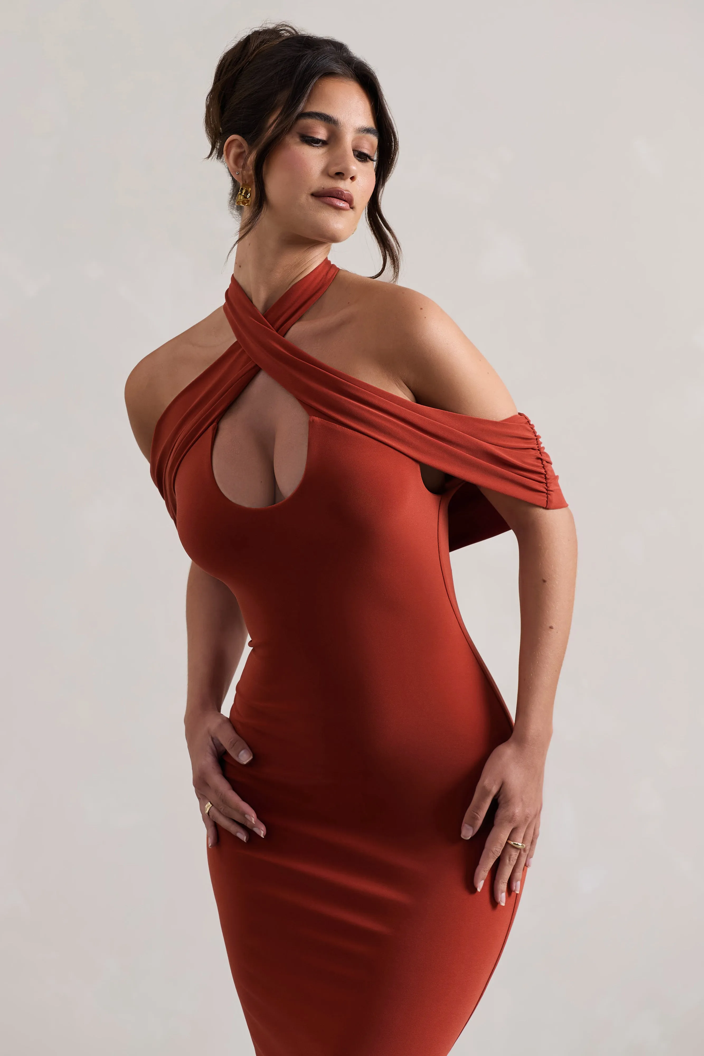 Connect | Terracotta Bodycon Halter-Neck Midi Dress With Cut-Out Club L London