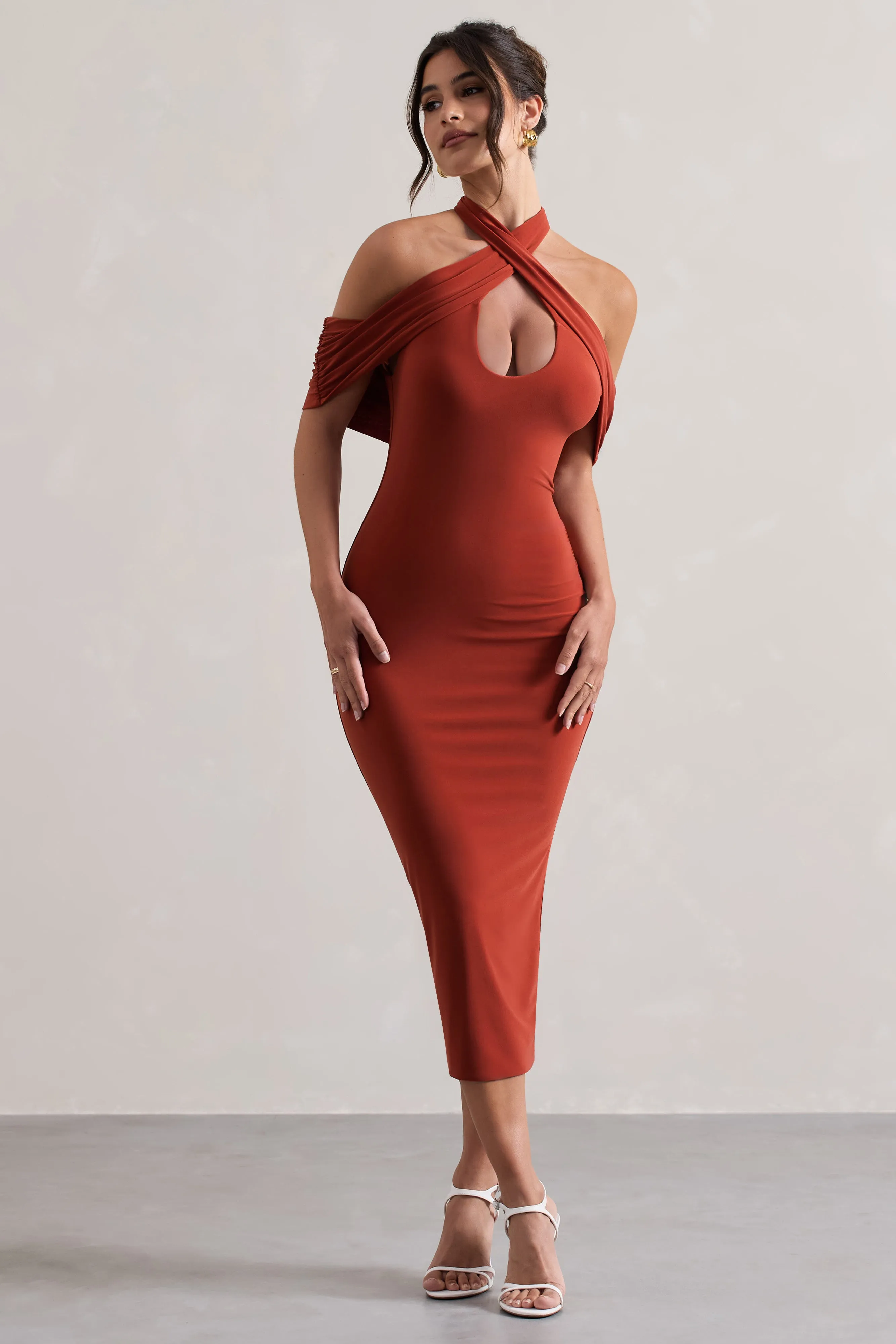 Connect | Terracotta Bodycon Halter-Neck Midi Dress With Cut-Out Club L London