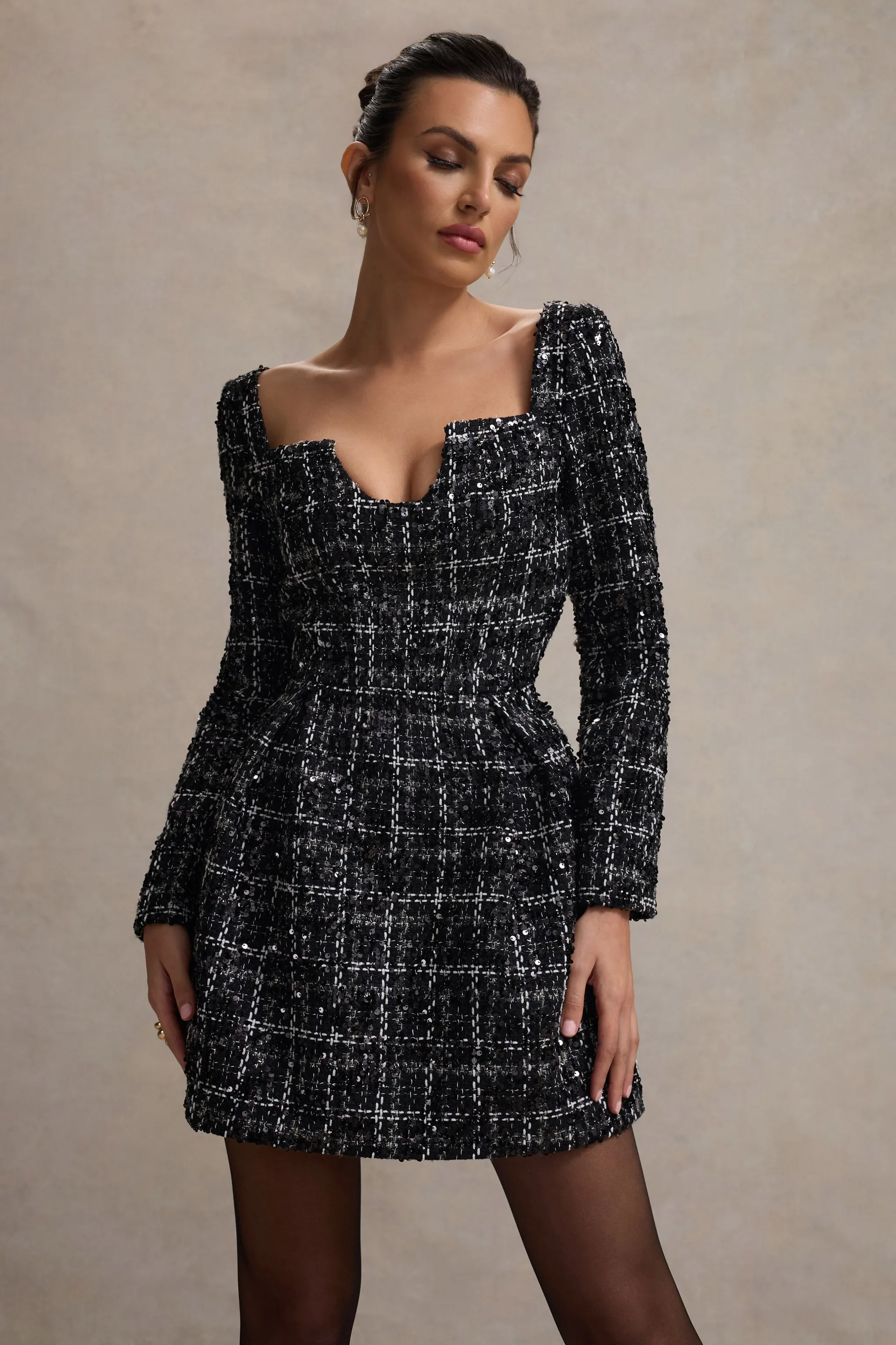 Contessa | Black Boucle Long-Sleeve Mini Dress Club L London