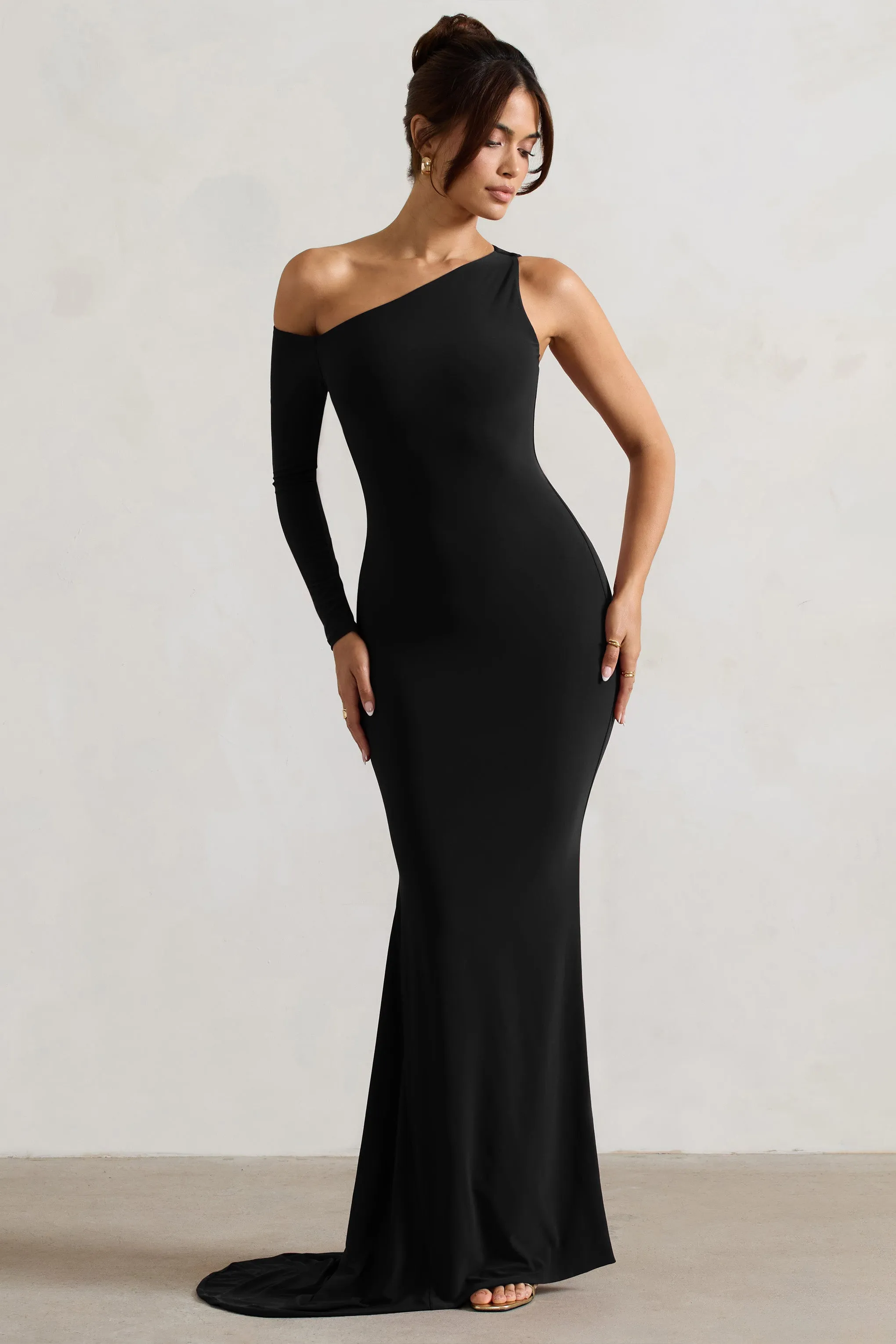 Contradiction | Black One-Sleeve Asymmetric Maxi Dress Club L London