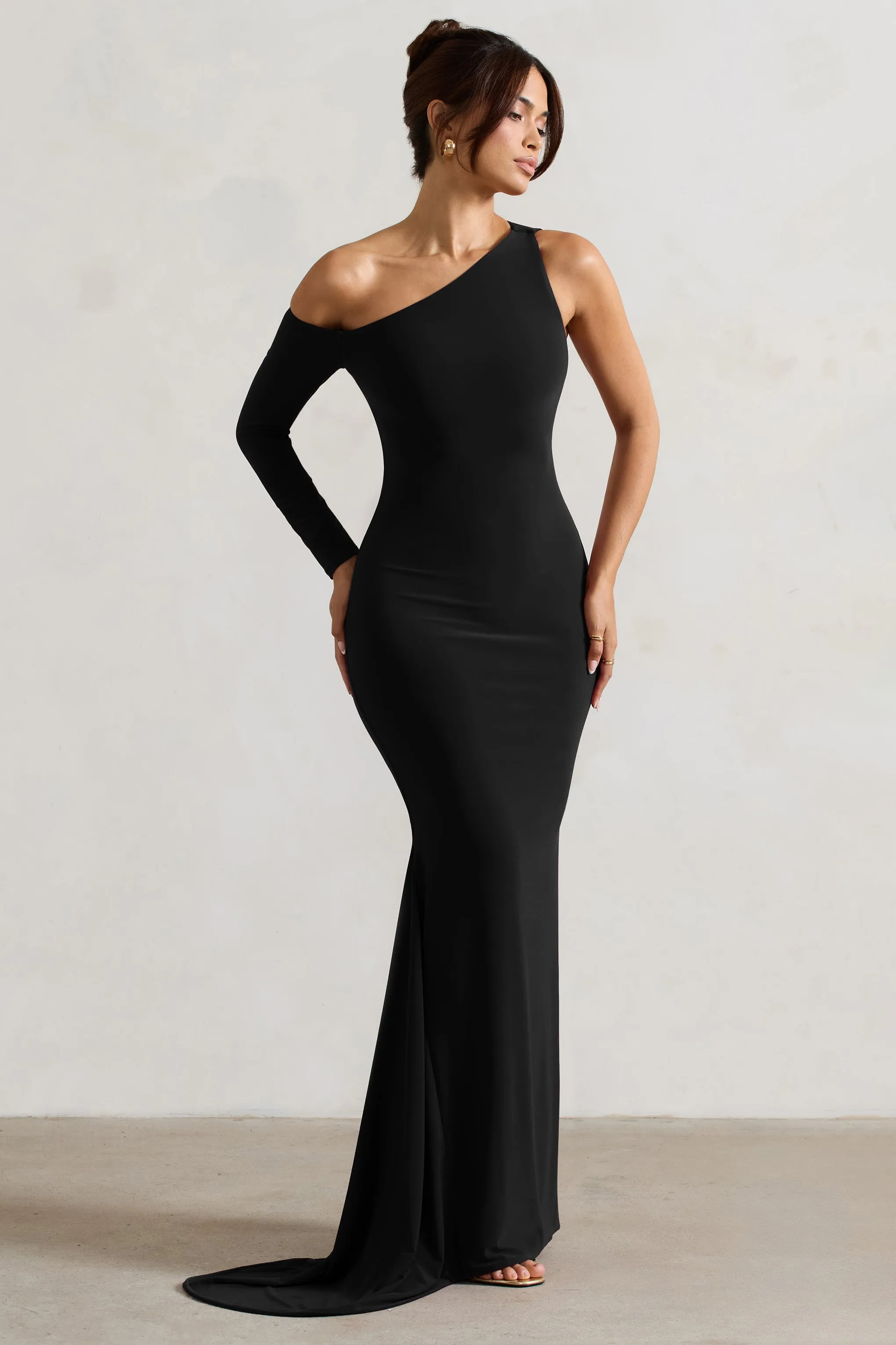 Contradiction | Black One-Sleeve Asymmetric Maxi Dress Club L London