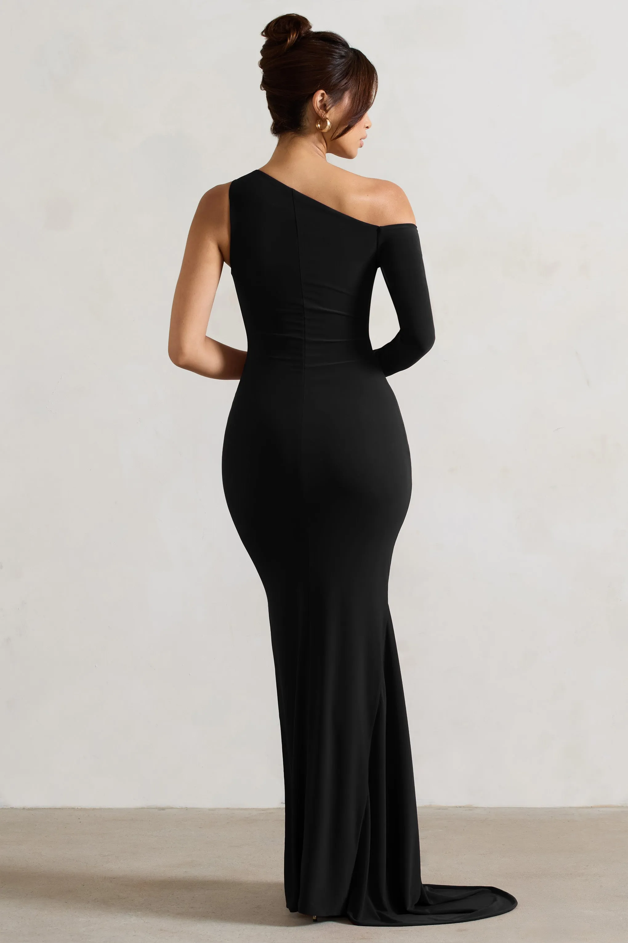 Contradiction | Black One-Sleeve Asymmetric Maxi Dress Club L London