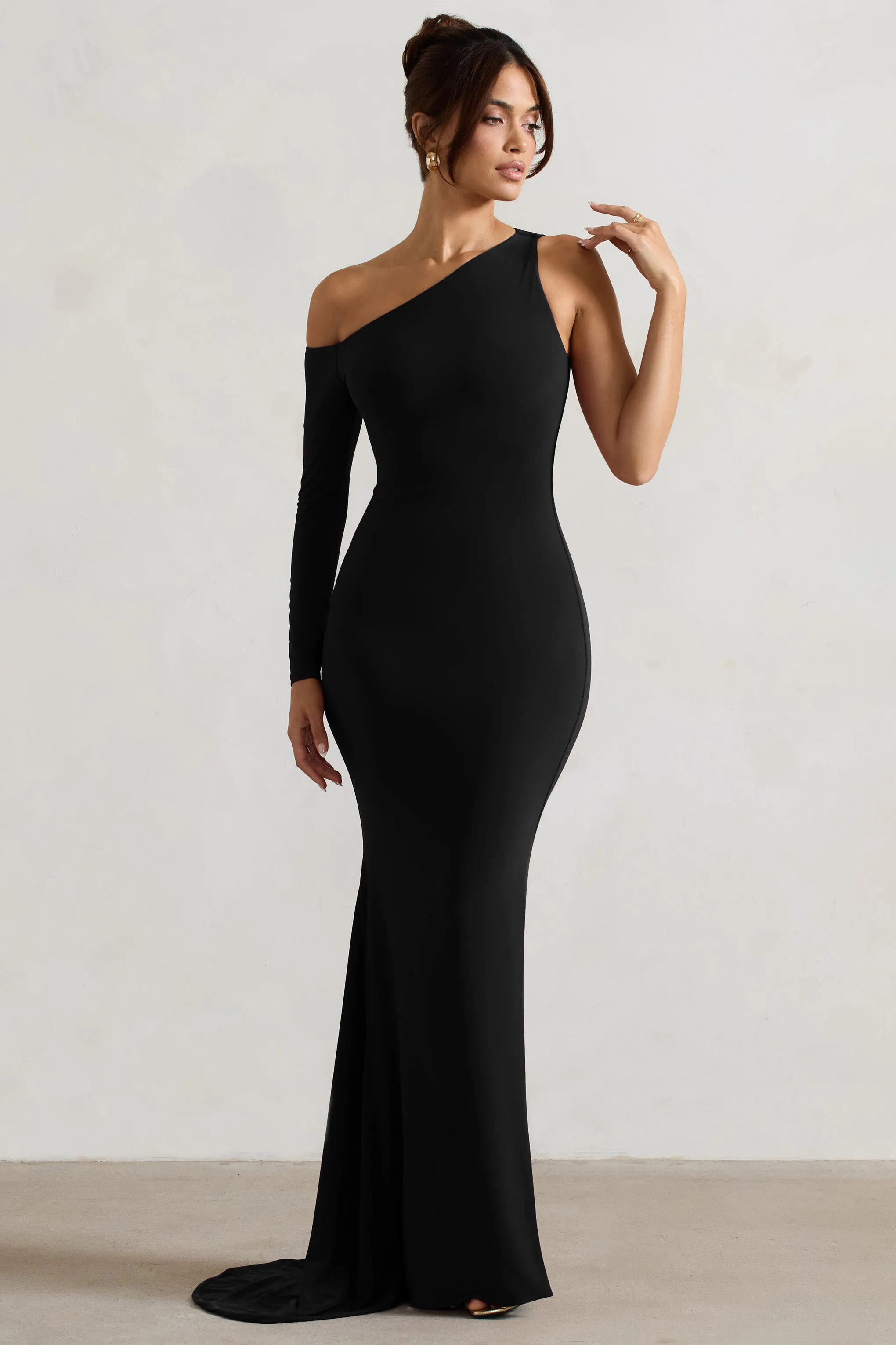 Contradiction | Black One-Sleeve Asymmetric Maxi Dress Club L London