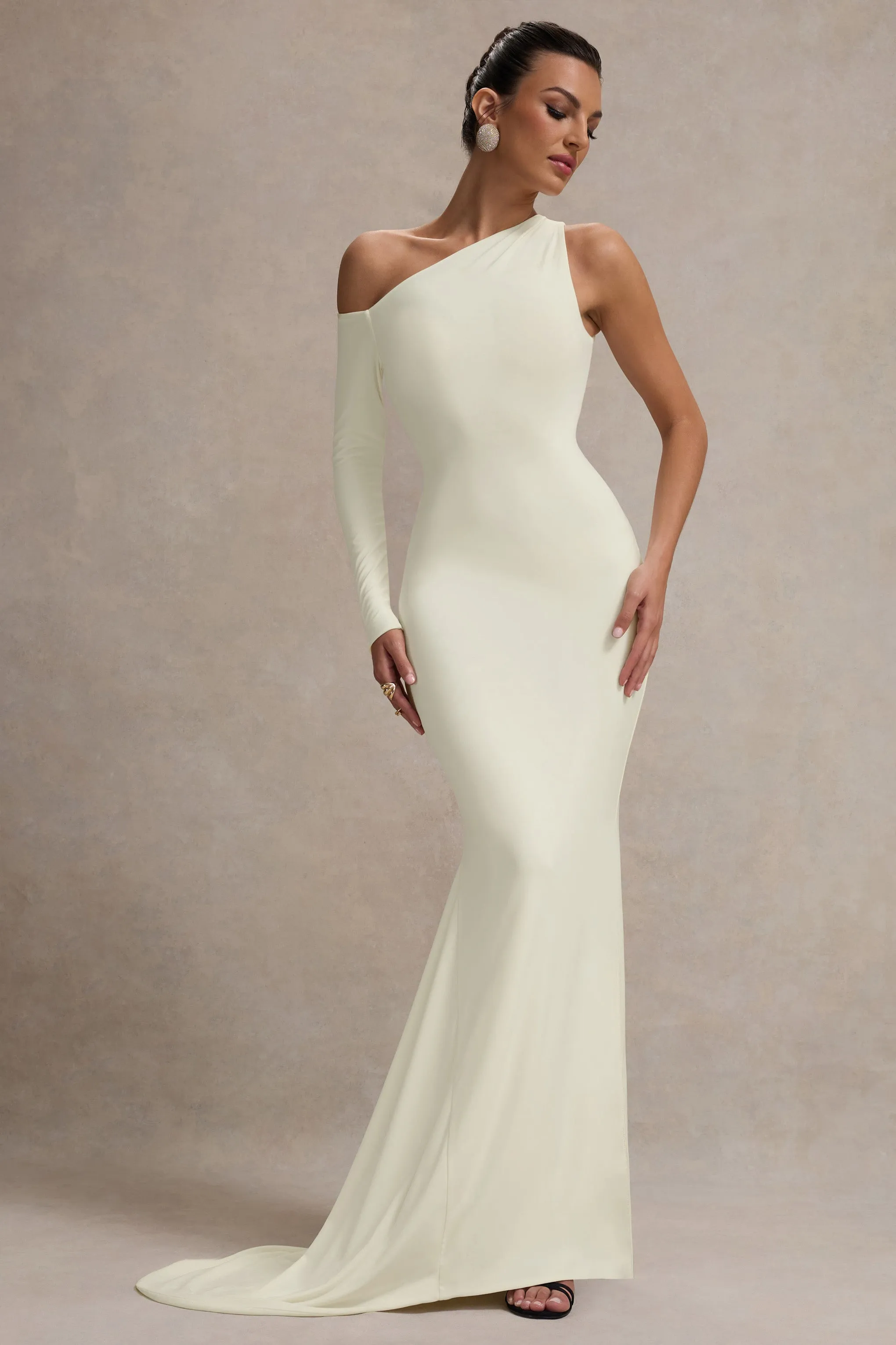 Contradiction | Cream One-Sleeve Asymmetric Maxi Dress Club L London