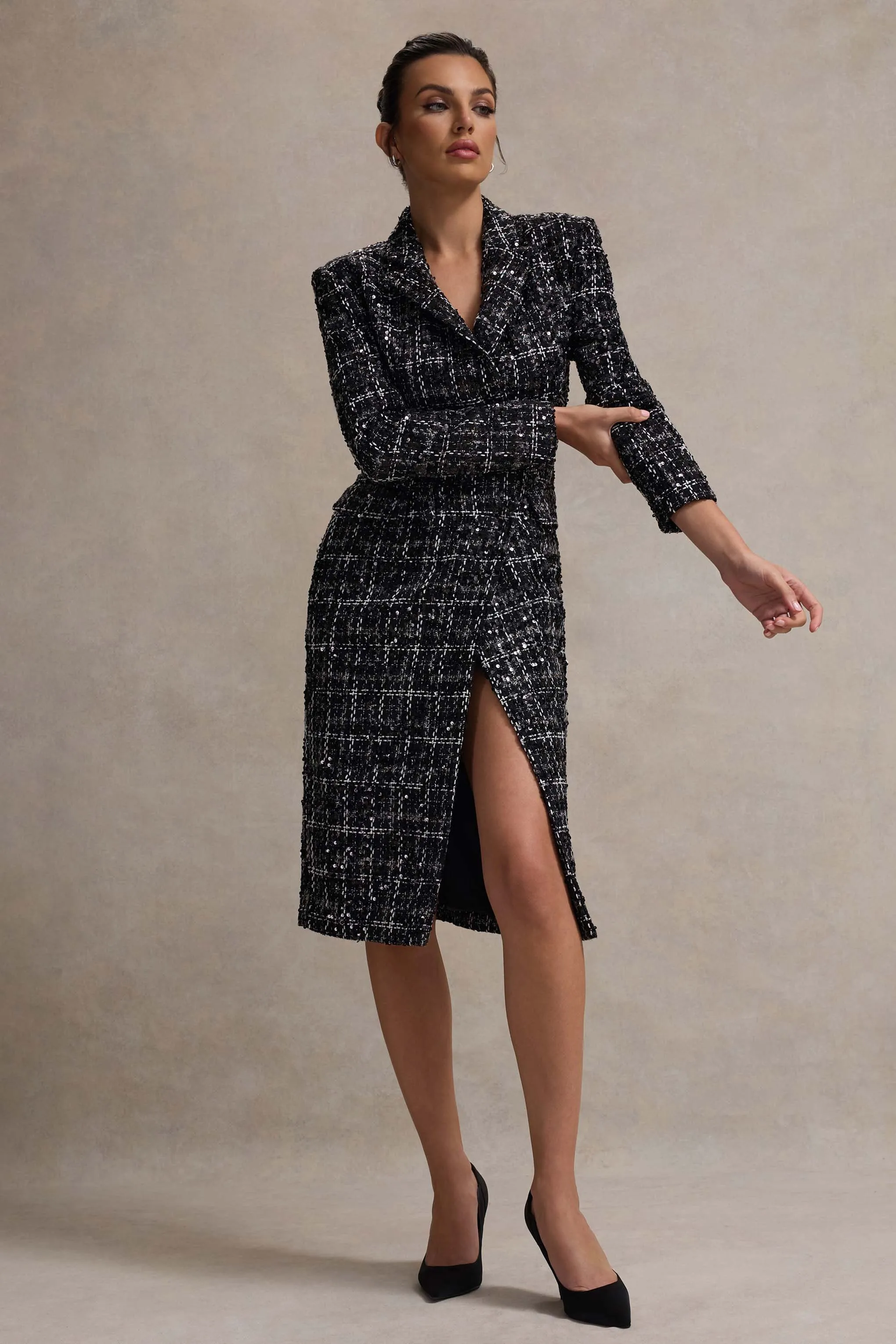 Cooper | Black Boucle Tailored Blazer Midi Dress Club L London