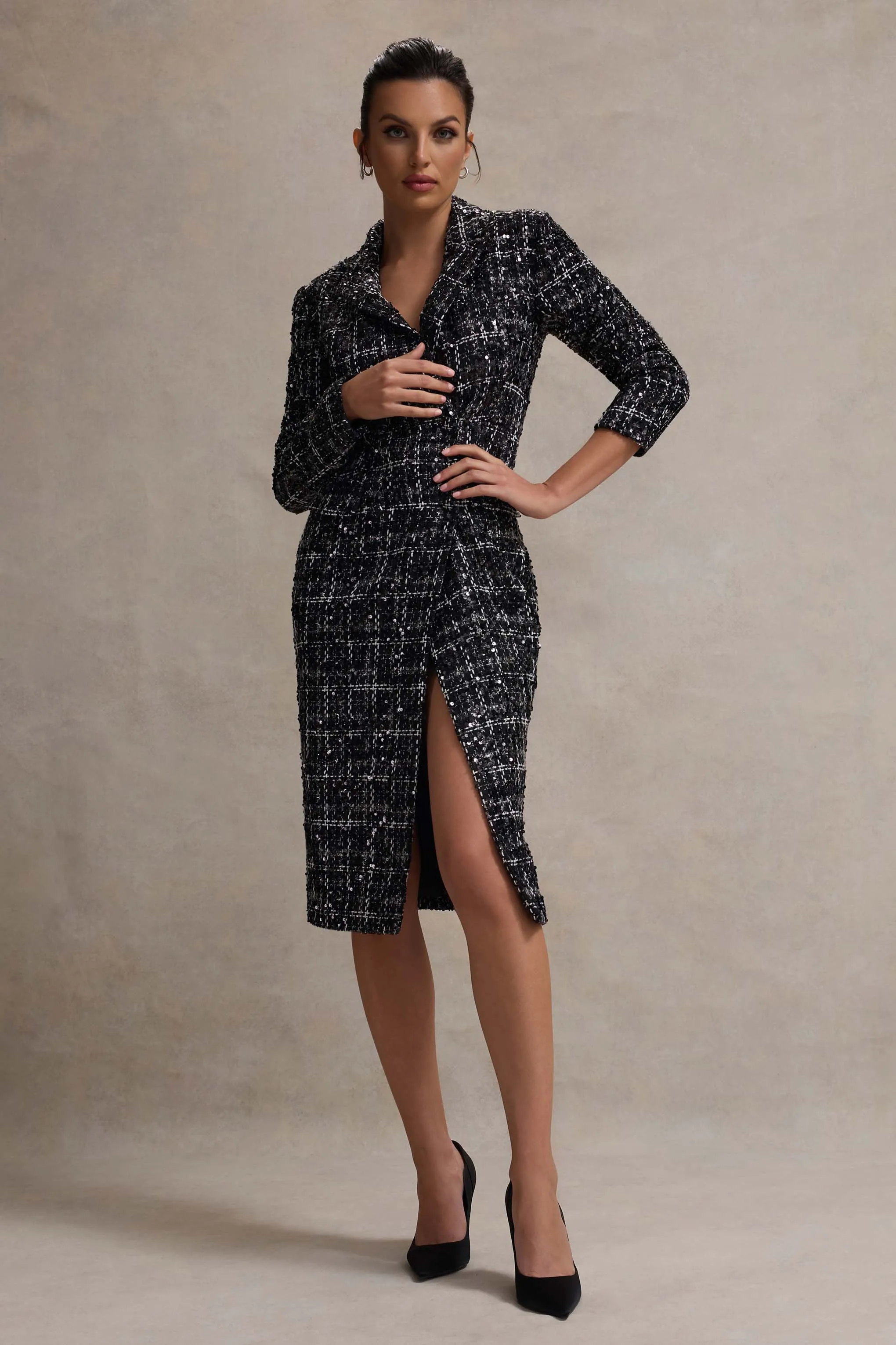 Cooper | Black Boucle Tailored Blazer Midi Dress Club L London