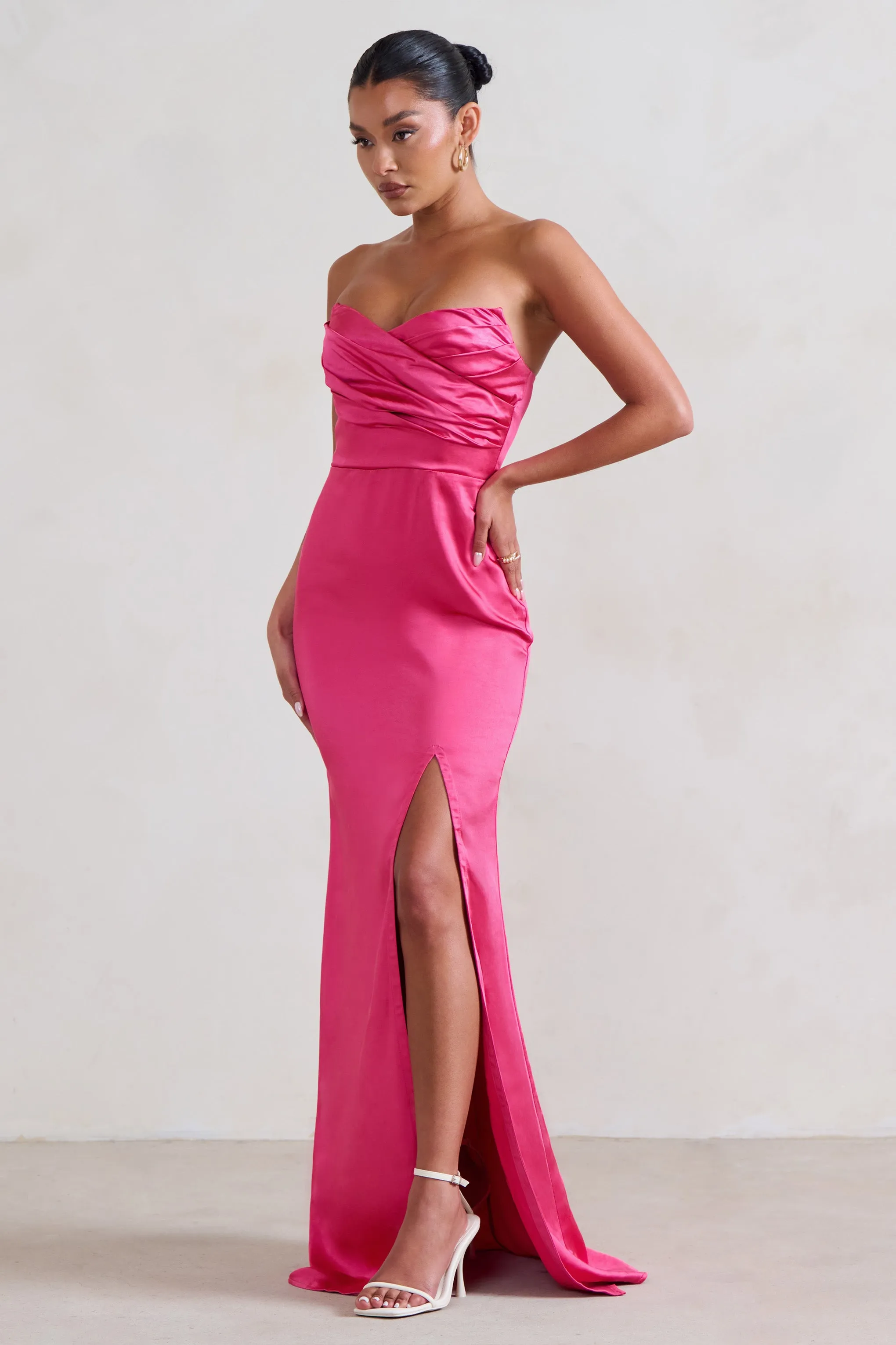 Coraline | Hot Pink Strapless Maxi Dress With Split Club L London