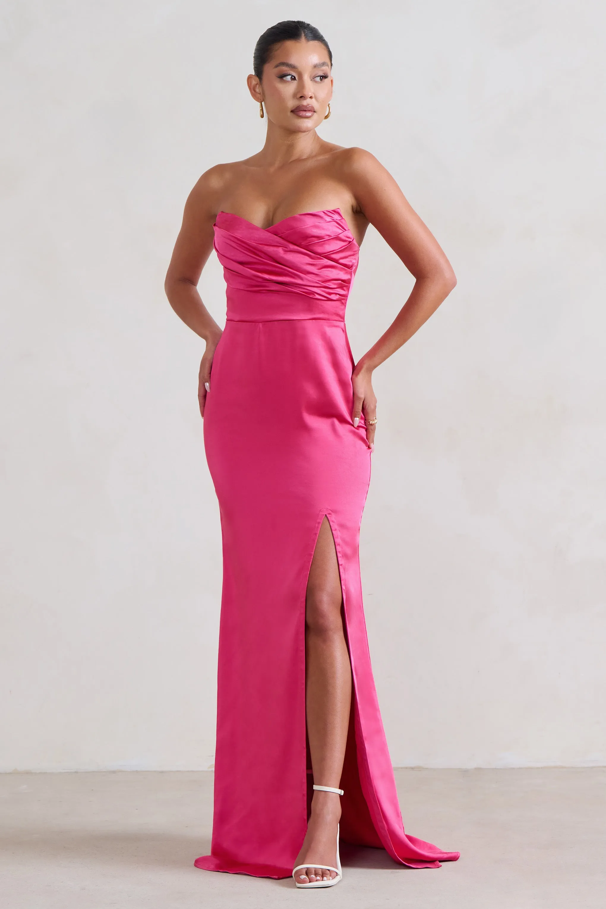 Coraline | Hot Pink Strapless Maxi Dress With Split Club L London