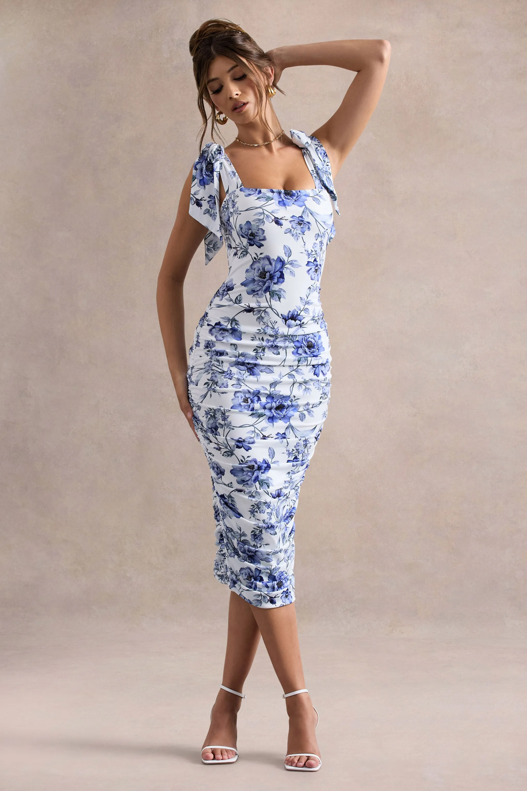 Cordelia | Floral Print Bodycon Midi Dress With Bow Straps Club L London