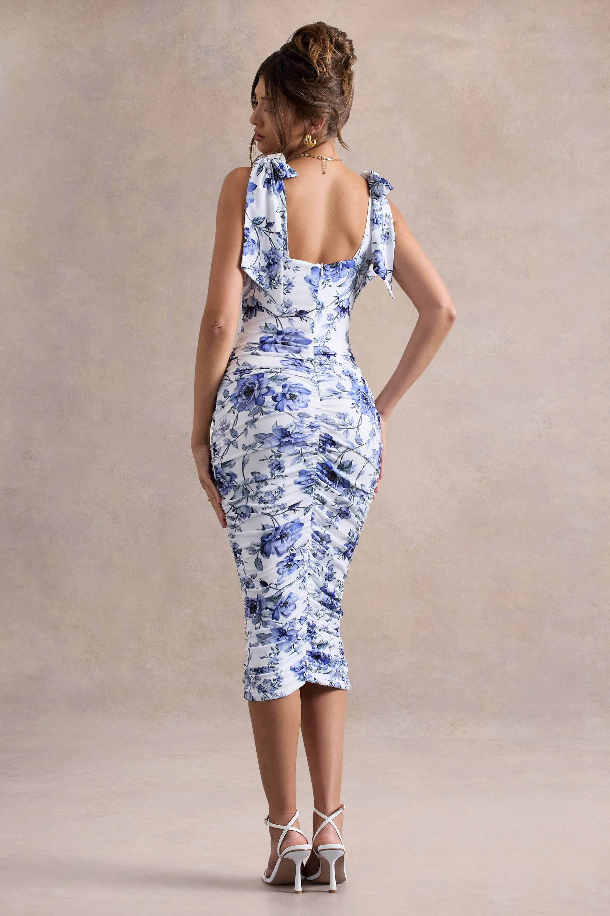 Cordelia | Floral Print Bodycon Midi Dress With Bow Straps Club L London