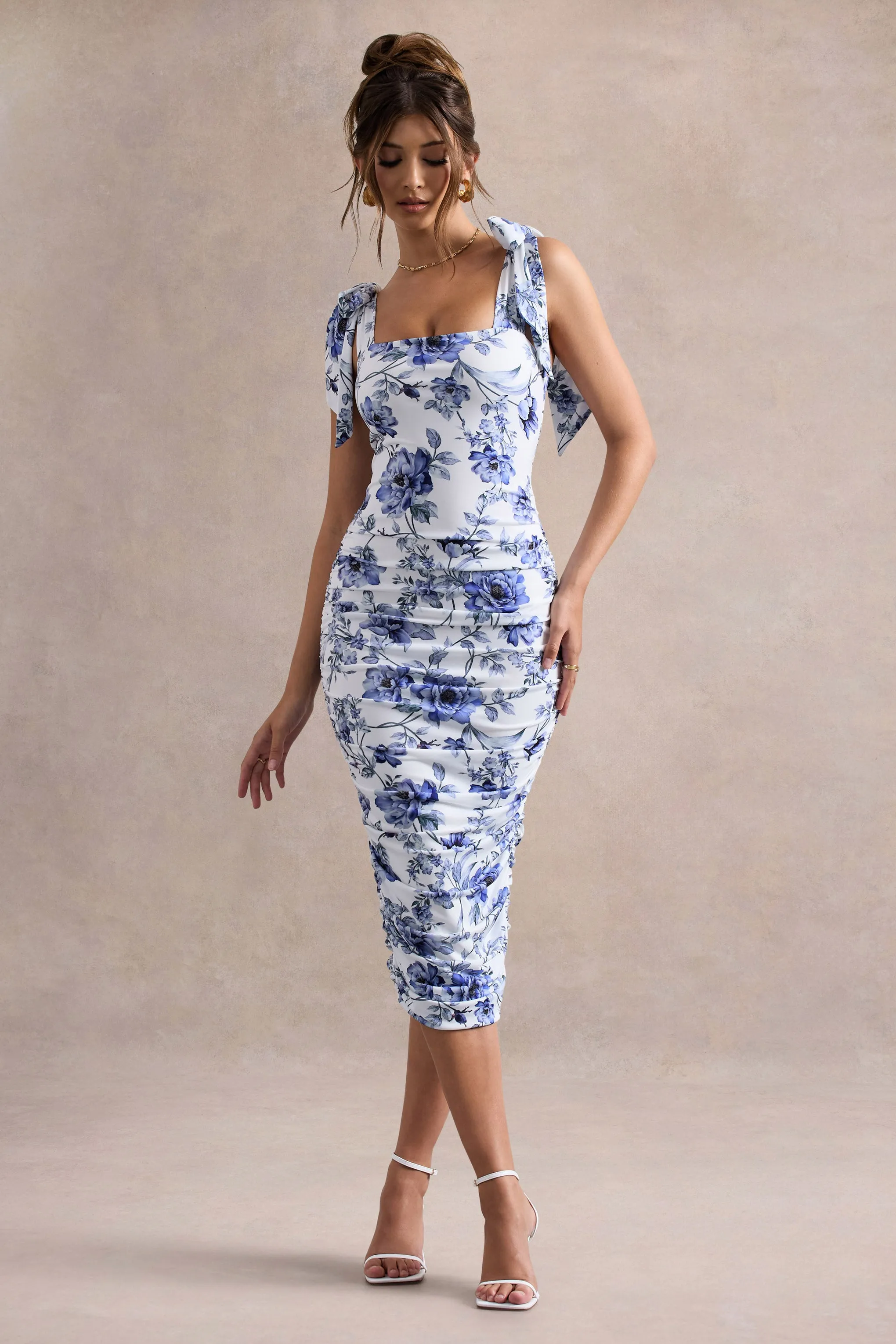 Cordelia | Floral Print Bodycon Midi Dress With Bow Straps Club L London