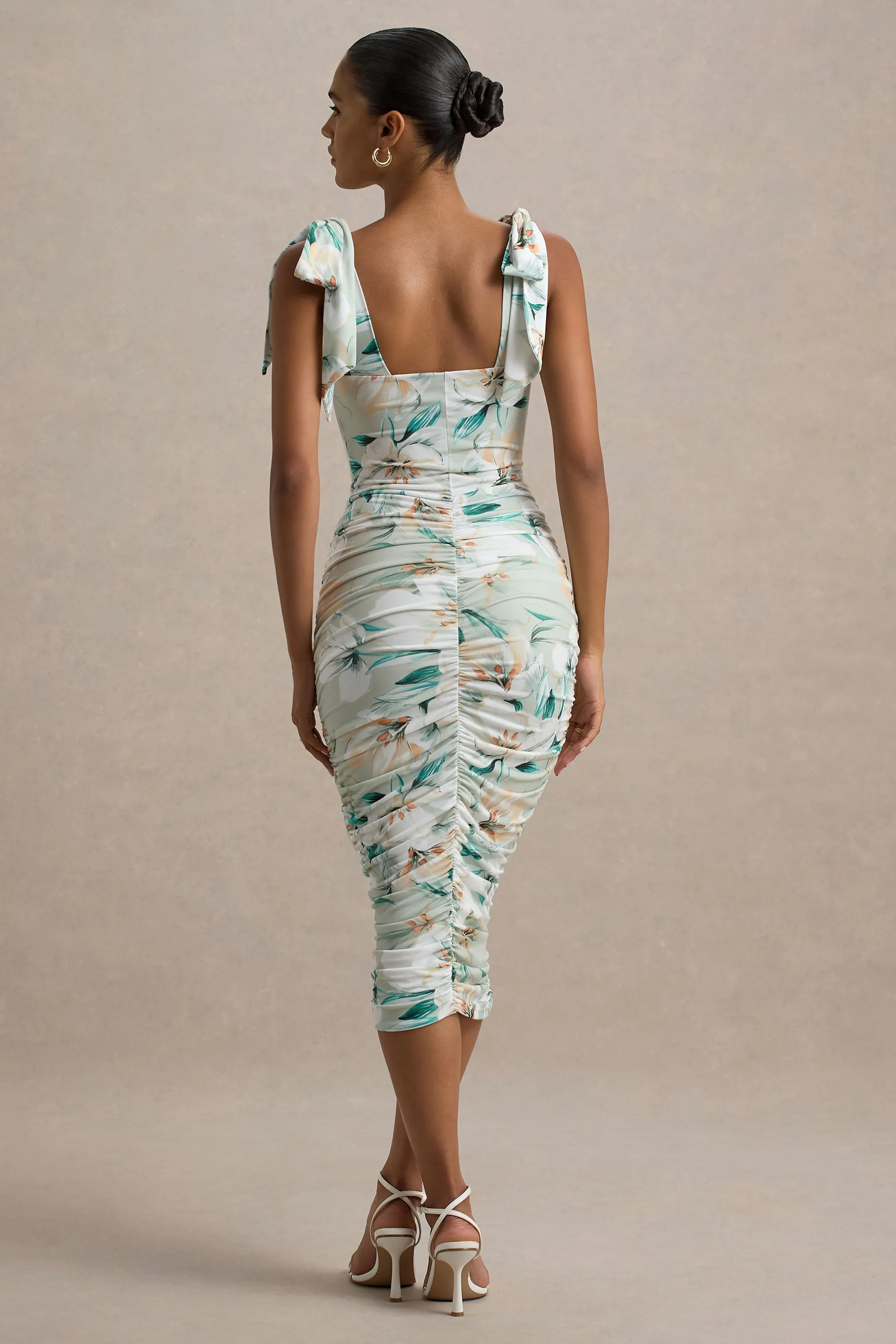 Cordelia | Green Floral Print Bodycon Midi Dress With Bow Straps Club L London