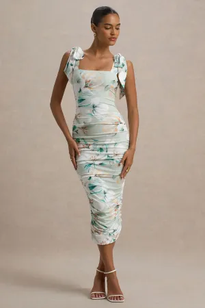 Cordelia | Green Floral Print Bodycon Midi Dress With Bow Straps Club L London