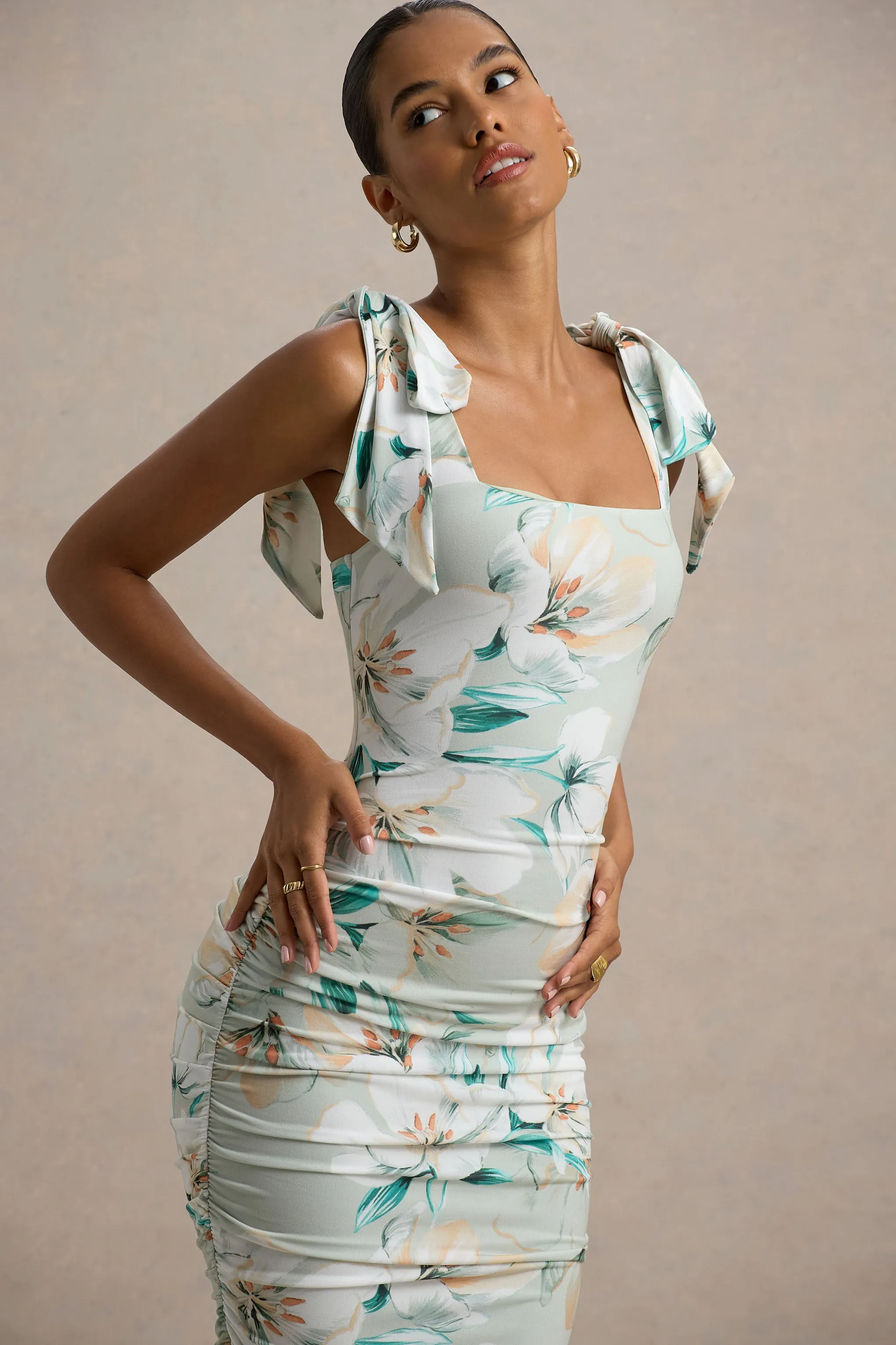 Cordelia | Green Floral Print Bodycon Midi Dress With Bow Straps Club L London