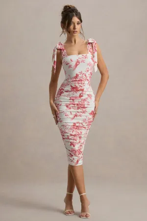 Cordelia | Pink Porcelain Print Bodycon Midi Dress With Bow Straps Club L London