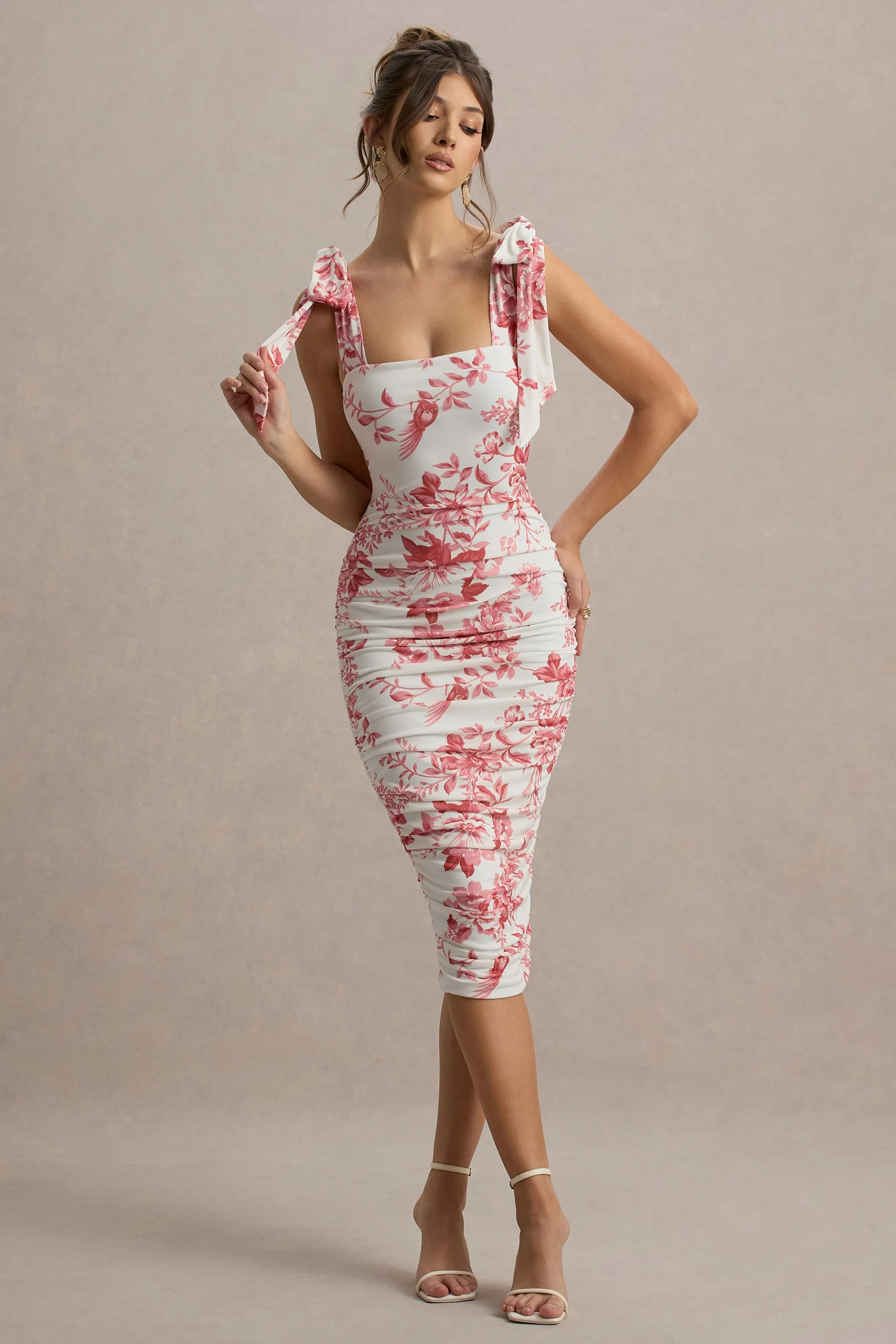 Cordelia | Pink Porcelain Print Bodycon Midi Dress With Bow Straps Club L London
