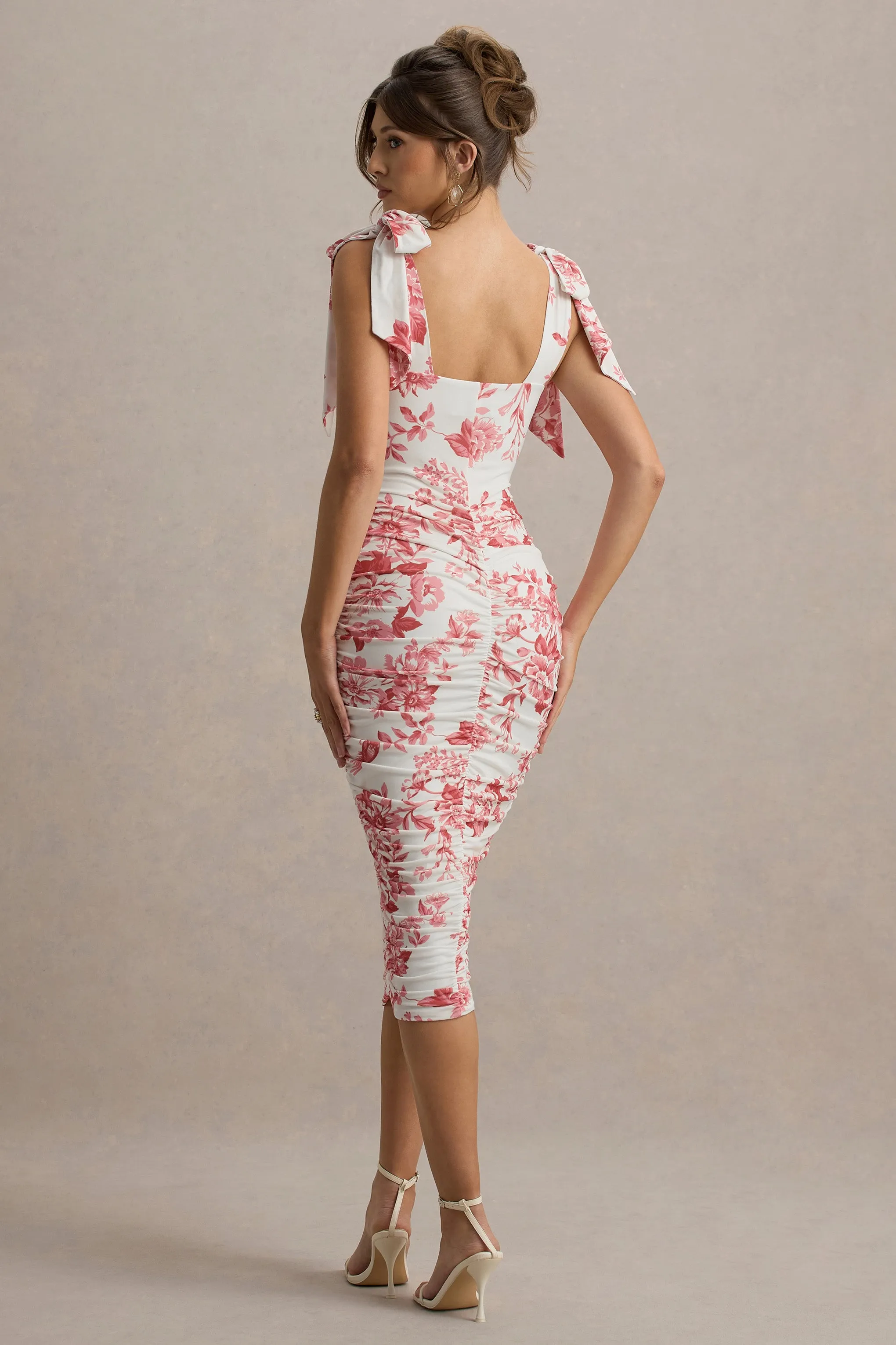 Cordelia | Pink Porcelain Print Bodycon Midi Dress With Bow Straps Club L London