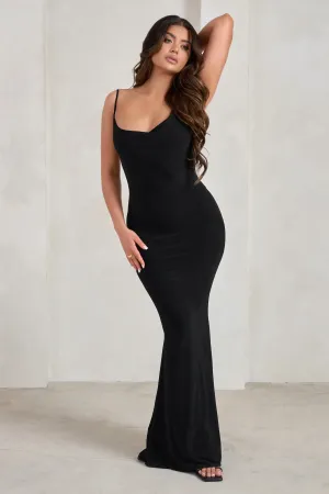 Corinne | Black Asymmetric Cowl Neck Backless Maxi Dress Club L London
