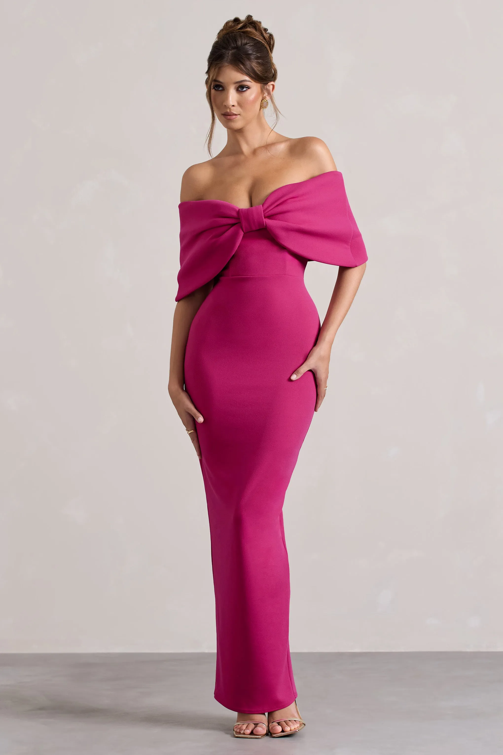 Cornelia | Hot Pink Strapless Maxi Dress With Oversized Bow Club L London