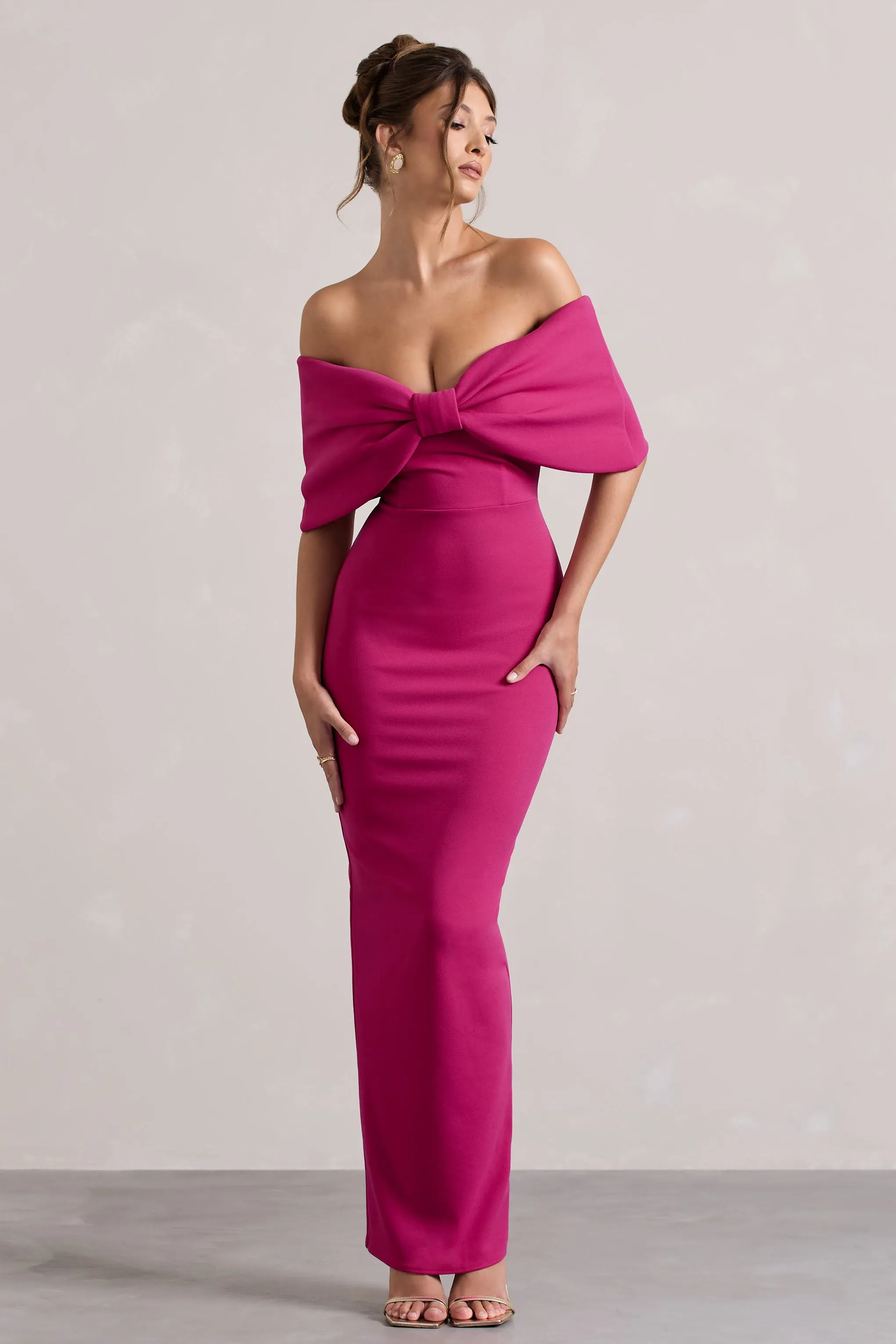 Cornelia | Hot Pink Strapless Maxi Dress With Oversized Bow Club L London