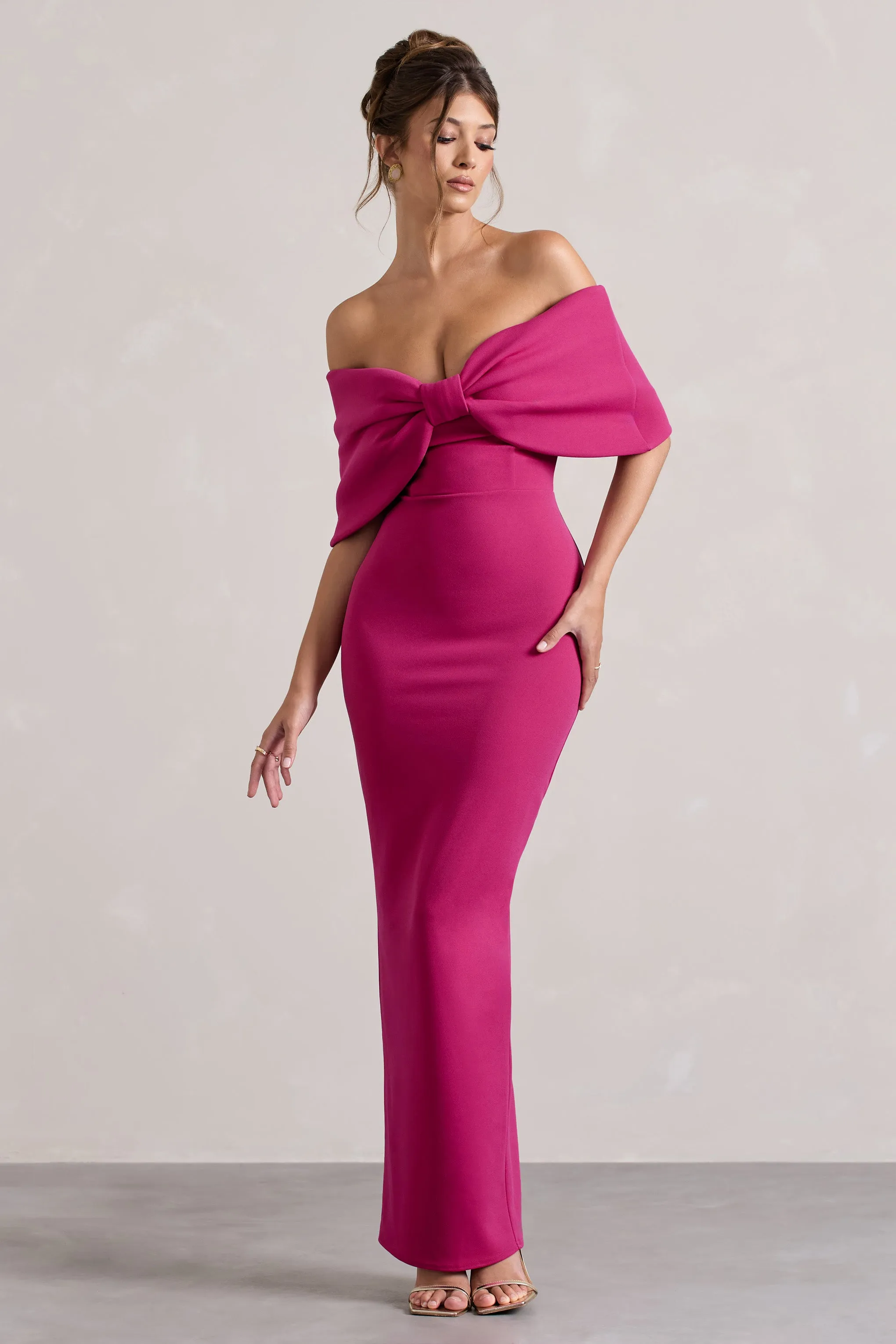 Cornelia | Hot Pink Strapless Maxi Dress With Oversized Bow Club L London